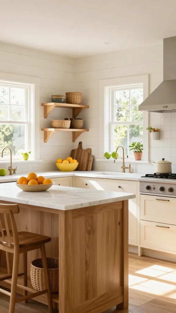 A high-resolution, sun-drenched cottage kitchen scene featuring sunlit shiplap walls in warm white, with airy windows admitting soft natural light. The room showcases a solid oak island topped with pristine white marble, open wooden shelving holding woven baskets, and soft cabinetry in creamy whites and creams. Accents include buttery yellow and zesty lime pops&mdash;think citrus fruit bowls, towels, and small decor&mdash;fed by warm wood tones throughout. The walls are shiplap in warm white, with a cheerful but cozy vibe: a bright, welcoming morning hub. The scene should be photo-realistic, with natural textures visible in wood grain, marble veining, and wicker baskets, and no text or branding visible on surfaces. The image should center the main subject implied by the article title: a sunlit cottage kitchen that feels airy, cheerful, and endlessly inviting.
