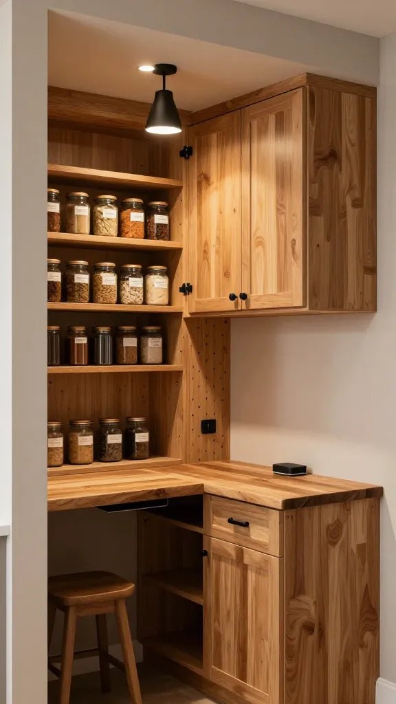 A high-resolution, hyper-realistic interior photograph of a cozy farmhouse pantry nook with minimalist tech, featuring warm honey wood cabinetry and a matte black hardware details. The main subject is a compact pantry area that blends seamlessly into a farmhouse kitchen, with an open pantry glass-jar display on the left, showcasing uniform glass jars and labeled lids. A butcher-block ledge doubles as a small desk at counter height with a slim, hidden tech panel integrated into the underside, almost invisible. The cabinetry has soft greige walls and warm wood tones, with matte black hinges and pulls. A smart fridge panel is subtly integrated into the cabinetry to maintain the seamless look. The scene includes a practical, friendly vibe: tiny DIY-friendly details like a pegboard for utensils, a minimalist charging station tucked into the butcher-block ledge, and a small stool tucked underneath. Lighting is warm and ambient, with pendant lights in matte black above the ledge and recessed ceiling lighting that highlights the natural wood grain. The overall composition conveys warmth, efficiency, and a modern whisper in a cozy farmhouse setting. No text on the image.