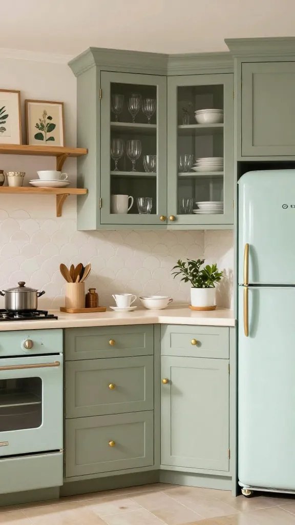 A realistic high-quality kitchen scene featuring a vintage gallery kitchen with soft sage cabinets as the main subject, set in a bright, sunlit space. The soft sage cabinetry surrounds a classic butler&rsquo;s pantry with glass doors displaying neatly arranged glassware and ceramic dishes. Cream countertops complement the sage tone, with warm brass hardware on drawers and cabinet pulls. A ceramic scallop tile backsplash runs along the backsplash in a soft, repeating pattern. Pastel appliances&mdash;such as a pastel mint refrigerator and pale pastel oven&mdash;are integrated as tasteful accents. A curated gallery wall above the counter features assorted vintage-inspired art and small framed botanicals, adding color and personality without overpowering the calm palette. The overall vibe is nostalgic yet fresh, with natural wood tones from open shelving and a warm, inviting lighting scheme that highlights the textures of ceramic, tile, and brass. The space feels cozy, lived-in, and elegant, conveying &ldquo;Hello, classic charm with a contemporary wink.&rdquo; No text on the image.