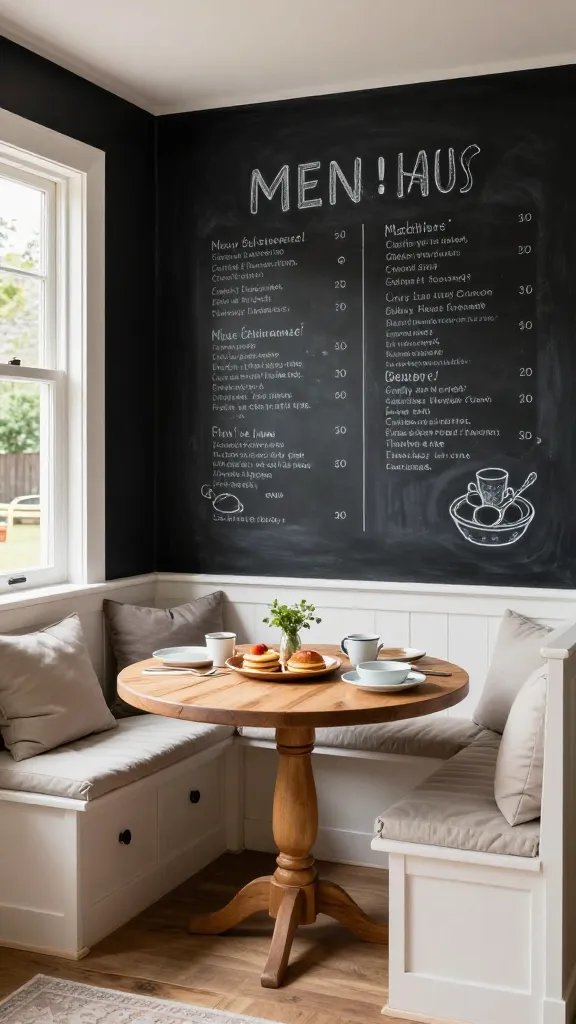 Create a high-resolution, realistic photo of a cozy black chalkboard breakfast nook set in a sunlit kitchen alcove with a courtyard view. The main subject is a black chalkboard wall that doubles as a playful, functional surface for menus and doodles, seamlessly integrated into a casual, kid-friendly dining area. The scene features: matte black walls with a subtle chalkboard texture, crisp bright white accents (trim, cushions, and dishware counter edges), and warm wood tones in the round wood table with spindle legs and the built-in storage banquet seating along two sides. The built-in banquette should include hidden storage drawers beneath the seats, upholstered in light neutrals to contrast the dark walls. A sun-drenched window or glass door opens to a courtyard visible through the nook, with soft greenery and outdoor light spilling into the space. The table is set for a relaxed brunch with simple, everyday dishware, a small centerpiece (e.g., a vase with fresh herbs), and a few pancakes or brunch items in a warm-toned serving dish to convey the Sunday pancake vibe without overloading the frame. The overall vibe is casual, welcoming, and ready for friends, with a balance of playful chalkboard details (menus, doodles) and practical, organized storage. The scene should feel warm, inviting, and photo-quality, with natural lighting, subtle shadows, and a cozy, lived-in atmosphere. No text or lettering visible on the image.