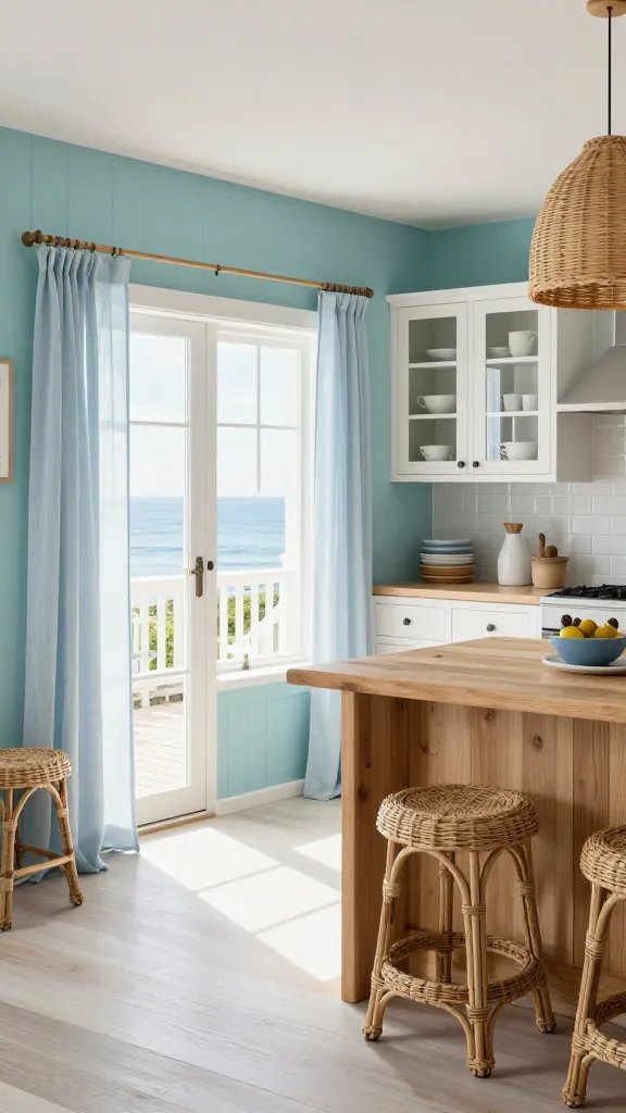 A bright coastal cottage kitchen with seafoam blue walls and airy whites, featuring bleached oak cabinetry and natural wicker details. The scene includes long linen-blend curtains that kiss the floor, woven rattan stools, and glass-front cabinets displaying minimal white dishware. Wicker pendant lights hang above a natural wood island, with a light, breezy feel and soft natural light streaming through windows that overlook a porch. Accents include jute textures, a coastal blue-and-white color palette, and subtle nautical decor. The overall vibe is relaxed, fresh, and perfect for long Sunday lunches on the porch, with a focus on the main subject: a sunlit, cottage-style kitchen that embodies coastal charm.