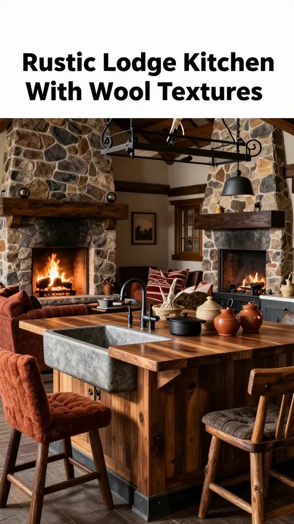 A high-resolution, photorealistic interior shot of a rustic lodge kitchen that doubles as a lodge lounge, centered around a walnut island with metal accents. The scene features heavy textures and a welcoming hearth energy, with charcoal and espresso woods dominating the palette, and wool fabrics in rust and charcoal. Include a stone farmhouse sink, an overhead wrought-iron rack, and stone or brick accents along the walls or backsplash. The room should feel rugged yet inviting, with warm, ambient lighting and a subtle glow from a stone fireplace or hearth in the background. Show a comfortable gathering setup around the island: upholstered seating in wool fabrics, rustic wooden chairs, and a few woven textiles, with decorative touches like antler-inspired accents, cast-iron cookware, and warm-toned ceramics. Ensure the main subject from the article title&mdash;&ldquo;Rustic Lodge Kitchen With Wool Textures&rdquo;&mdash;is clearly represented through materials, textures, and mood, creating a cohesive space for households that love to gather by the fire after cooking. No text or logos in the image.