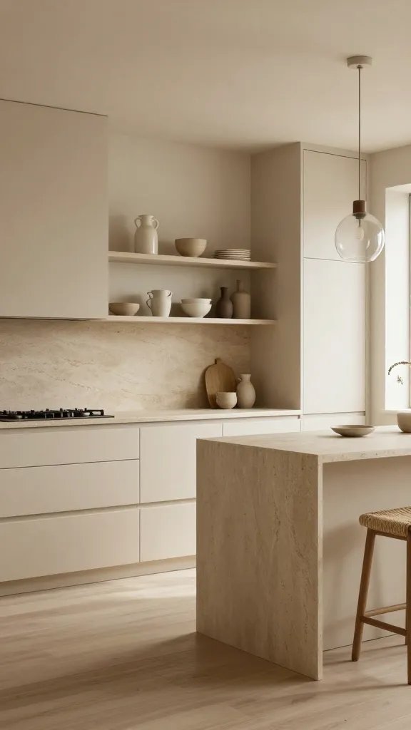 A high-resolution, photorealistic interior scene of a minimalist cottage kitchen inspired by a warm beige palette. The image features handle-less, soft-cream beige cabinetry with clean, straight lines and subtle matte finish, paired with natural stone countertops in warm taupe and ivory veining. A calm, uncluttered layout includes floating open shelves with a curated but restrained assortment of ceramics in neutral tones, and neutral-tinted glass pendant lights hanging above a streamlined island or workspace. The color scheme centers on beige and ivory with graphite accents found in small hardware hints and a minimal backsplash edge. The space has tactile textures: matte stone, smooth lacquered cabinet fronts, a woven bar stool or fabric seating, and subtle grain in timber floors. Light should feel soft and natural, streaming in from a nearby window, creating gentle shadows and emphasizing a calm, clutter-free vibe. The overall mood is calm, effortless, and texture-rich, suitable for someone who hates clutter but loves tasteful detail. No text or branding in the scene. The main subject should read as a complete kitchen setup with a strong focus on a minimalist cottage kitchen aesthetic.