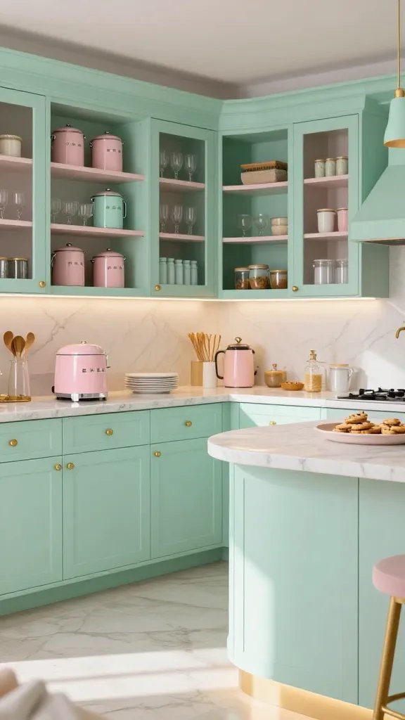 Create a high-resolution, photo-realistic interior scene of a pastel pantry kitchen that embodies whimsy, joy, and a baking-centric vibe. The main subject should be a pastel pantry with marble countertops and mint accents, designed to look almost too cute to cook in&mdash;yet clearly functional for a passionate baker. Key details to include: - Color palette: mint green, pale pink, ivory - Marble countertops with subtle veining - Brass or gold hardware on cabinetry and fixtures - Open glass-front wall cabinets displaying pastel SMEG-style appliances and neatly arranged glassware - Rounded corner island with soft under-counter lighting that casts a warm glow - Soft, natural daylight or flattering kitchen lighting to enhance pastel tones - Storage and display that feel organized yet whimsical: pastel canisters, bakers' supplies, and decorative cookies or baking trays - Surfaces: polished marble with gentle reflections, matte pastel cabinetry accents, and a clean, airy backsplash - Overall vibe: whimsical, joyful, inviting, and perfectly suited for a homeowner who bakes their heart out - Realistic textures: marble veining, brushed brass hardware, glass cabinet doors, fabric-like rugs or towels, and subtle shadows for depth Camera & composition: - A wide-angle interior shot at eye level, capturing the open glass-front wall cabinets, the curved or rounded island with under-counter lighting in the foreground, and a welcoming pantry space in the background - Depth of field should keep main elements crisp while softly blurring the far background for an intimate, cozy feel - Include natural shadows and warm highlights to emphasize the marble and metallic accents - No visible text or watermark on the image