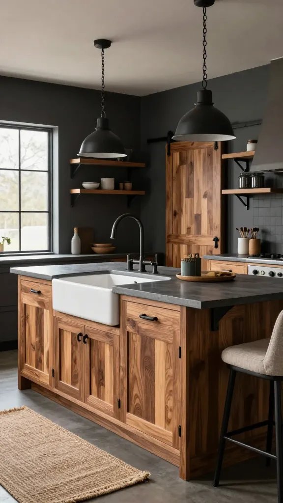 A high-resolution, photorealistic kitchen interior that embodies an Industrial Cottage aesthetic with warm woods. The scene centers on a wide island topped with graphite countertops and featuring an apron-front sink in matte white, paired with a farmhouse-style apron-front that blends into the design. Surrounding elements include black metal accents, metal shelving with wooden brackets, and industrial pendant lights hanging above the island. Use a harmonious color palette of walnut and maple wood tones, charcoal-gray walls, and dark metal hardware. Incorporate barn doors in the background and soft, textured textiles to create cozy warmth: a woven rug, linen bar stools, and subtle cabinetry details. The space should feel edgy yet inviting, with realistic natural light streaming through a large window, highlighting the contrast between the rugged industrial bones and the warm woods. No text in the image.