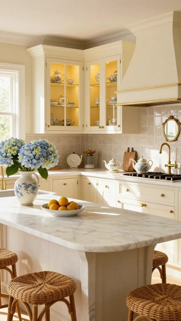 A high-resolution photo-realistic kitchen scene styled in French country aesthetics, featuring a warm, sunlit kitchen with creamy white walls and soft curves. Central focus on a marble-topped Butler&rsquo;s table with a lightly veined white marble top and elegant curved legs, surrounded by vintage wicker stools. Glass-front cabinets with soft interior lighting display heirloom ceramics and delicate porcelain, while a delicate ceramic tile backsplash with a subtle, intricate pattern adds texture behind a vintage brass faucet. Gilded brass hardware and accents gleam softly across cabinet handles, drawer pulls, and a brass-trimmed range hood. The color palette showcases creamy whites, butter yellow accents, and pale blue hints in textiles and small decor pieces. Include a few curated vintage curios like an ornate teapot, a gilded mirror above the sink, and a sunlit bouquet of pale blue hydrangeas in a ceramic vase. The overall vibe is romantic, charming, and perfect for intimate dinner parties, with warm natural light streaming through a nearby window, gentle shadows, and a mood that feels like a holiday in the French countryside. No text on the image.