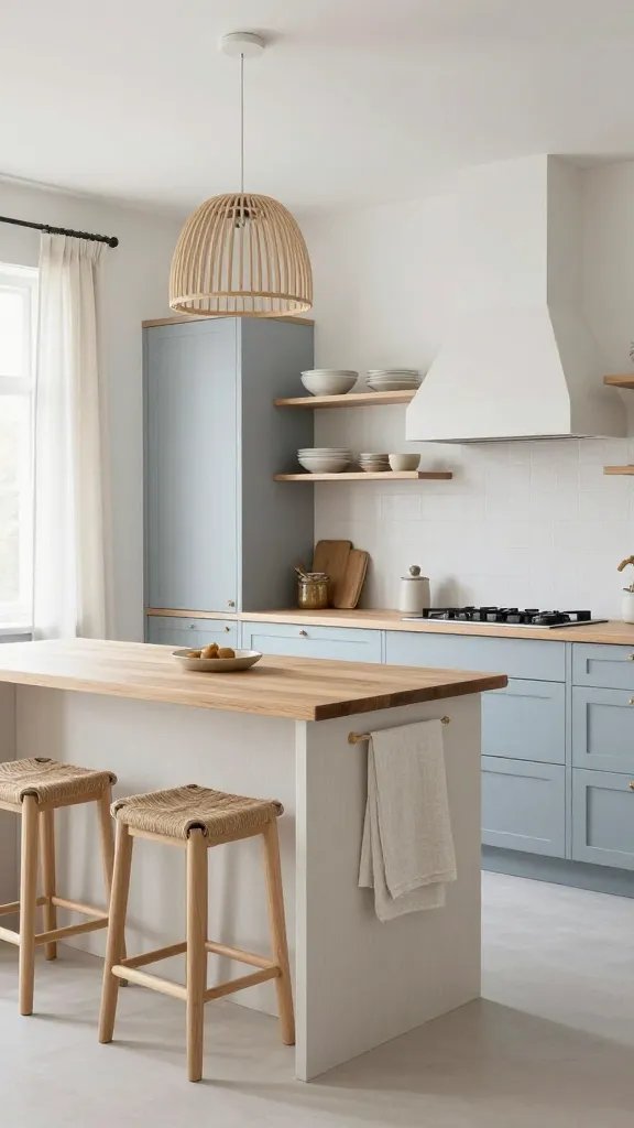 A high-resolution, realistic interior photograph of a Scandinavian-Cottage hybrid kitchen scene featuring warm whites, light ash cabinetry, and ash-blue accents. The room is bright and uncluttered with natural linen textures visible in curtains, towels, and a linen-topped island shallow prep area. Include bleached oak countertops and slatted Nordic lighting fixtures casting soft, diffuse light. Minimal bar stools with natural fiber seats tucked beneath a slim counter, with open shelving displaying simple ceramic dishes and linen storage. The overall vibe is serene, spa-like, and calm, ideal for a busy kitchen. The main subject should be a cohesive kitchen layout that emphasizes light, texture, and uncluttered space, with no text or branding on the image.
