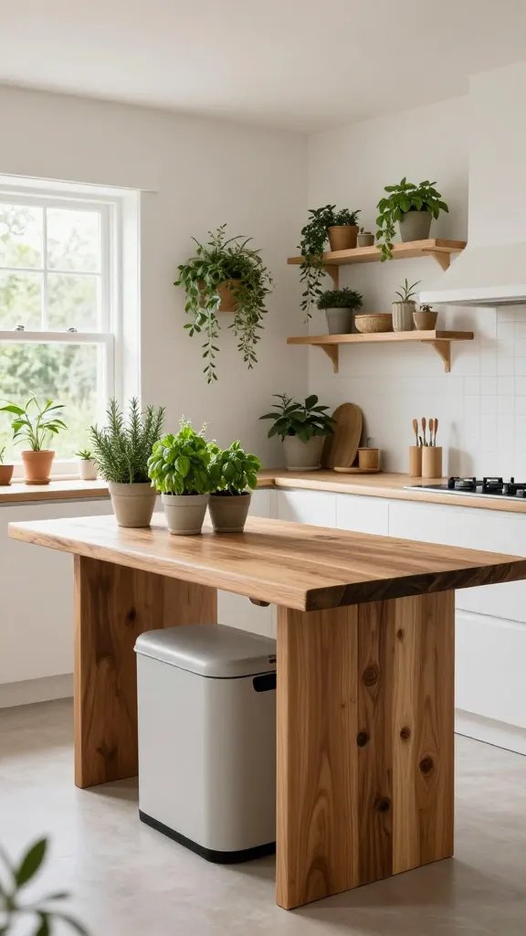 A high-resolution, photorealistic interior scene of an eco-friendly cottage kitchen centered around a warm reclaimed wood kitchen island with a live edge, complemented by airy white walls and abundant olive-green plants. Soft, natural light floods the space through a window, highlighting the island&rsquo;s rich wood tones and the subtle texture of the reclaimed timber. A discreet compost bin is tucked away beneath the island, while a compact herb wall thrives near the window, featuring rosemary, thyme, and basil in simple ceramic pots. The backsplash and cabinetry are minimalist and white, allowing the wood and greenery to pop. Add subtle plant-filled touches on open shelving, a few woven basket storage accents, and a light, neutral-toned countertop to maintain a sustainable, heartwarming vibe. The overall palette combines soft whites, natural wood, and olive greens, conveying a calm, earthy, and welcoming kitchen where cooking feels connected to nature. No text on image.