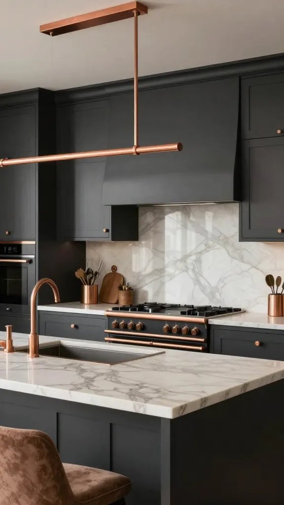 A high-resolution, photorealistic kitchen interior featuring Bold Graphite Kitchen With Warm Copper Accents: dark graphite cabinetry with a matte finish, copper hardware and fixtures, and warm neutrals to balance the space. Centerpiece elements include a copper pot rack suspended above a spacious prep island with a light marble countertop and bold veining. Matte black appliances with copper trim line the backdrop, complemented by a marble backsplash with dramatic veining. Accent the room with warm neutrals in upholstery or bar stools, and subtle ambient lighting to highlight the copper details. The overall vibe is sleek, confident, and memorable, with natural light streaming in to emphasize the contrast between graphite cabinetry and copper accents. The main subject from the article title should be the kitchen itself, portrayed as a realistic, inviting space suitable for coffee moments and daily use. No text on the image.