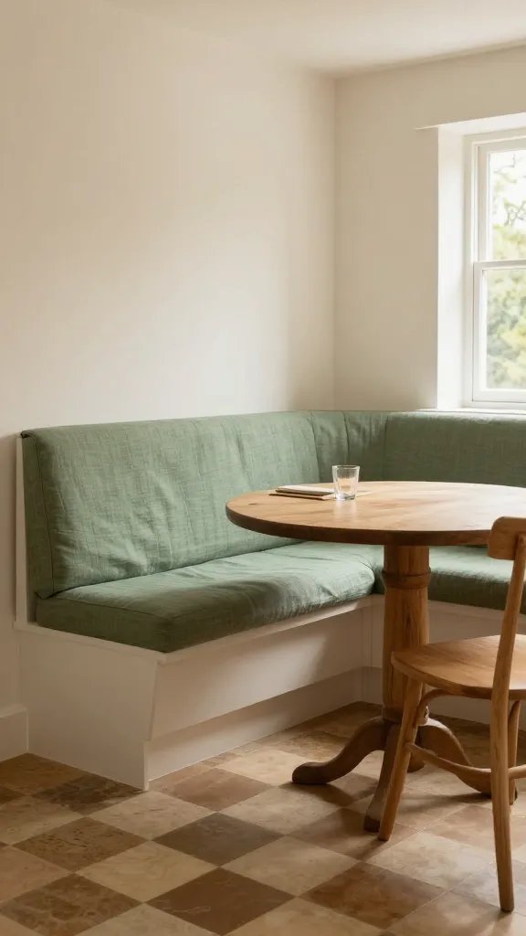 A high-resolution, photorealistic image of a cozy cottage kitchen featuring a built-in banquette along one wall. The banquette has soft linen upholstery in warm whites and muted greens, with extra storage beneath the seat and a small round wood table in front for intimate family meals. The flooring showcases a nostalgic checkerboard tile pattern in warm tones. The scene is bathed in natural light from a nearby window, with subtle greenery visible outside and soft, inviting textures throughout. Keep the color palette warm whites, muted greens, and natural wood tones, with a calm, welcoming vibe centered on casual, shared dining. No text on the image.