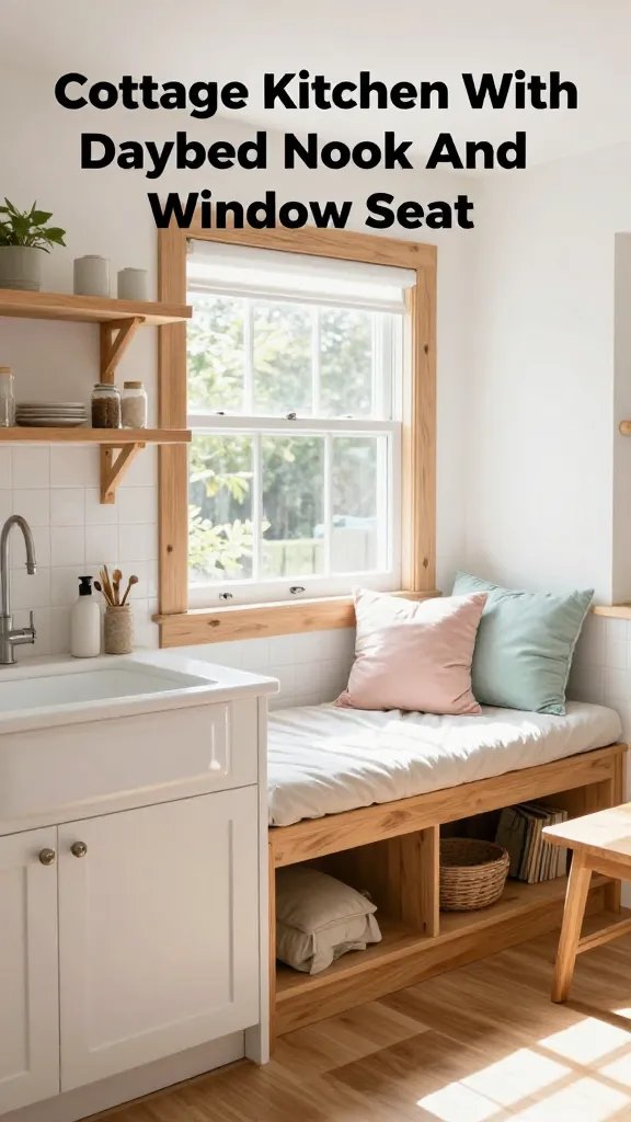 A bright, inviting cottage kitchen scene featuring a built-in window seat with hidden storage and a cozy daybed nook perched beneath a large sunlit window. The kitchen workspace includes bright white countertops, a deep sink with generous prep space, and floating shelves mounted above the window. Soft pastel cushions in mint, blush, and pale blue rest on the window seat, while natural wood tones appear in cabinet framing, shelving supports, and a small dining bench nearby. The overall color palette is bright white and natural wood with delicate pastel accents, creating a charming, family-friendly ambiance. The scene should feel warm and lived-in, with sunlight streaming through the window highlighting the textures of wood, tile, and fabrics. The main subject from the article title, &ldquo;Cottage Kitchen With Daybed Nook And Window Seat,&rdquo; is clearly depicted as the focal point of the composition, with no text overlay on the image.