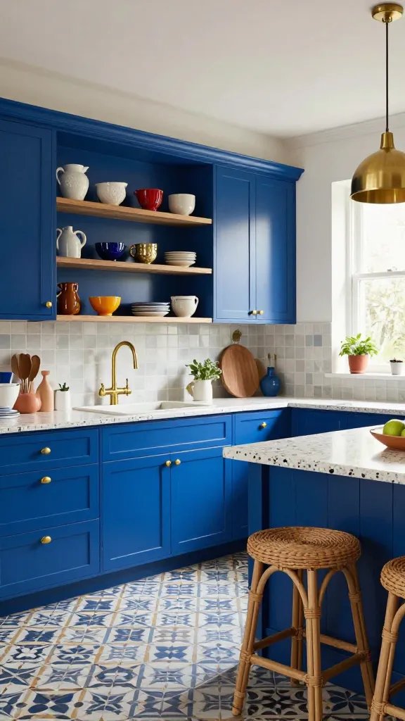 A realistic, high-quality kitchen scene centered on a bold eclectic cobalt kitchen, featuring vivid cobalt blue cabinets with warm brass hardware, paired with natural rattan stools and terrazzo countertops. Open shelving displays curated ceramics in varied shapes and colors, while a patterned tile floor adds a playful, dynamic rhythm. Include mixed materials: brass faucet, brass pendant lights, and a terrazzo island with subtle veining. The room exudes joyful rebellion and conversation-starting charm, with soft natural light pouring in from a window, plants adding a green accent, and a slightly glossy finish to surfaces to emphasize depth. No text or logos.