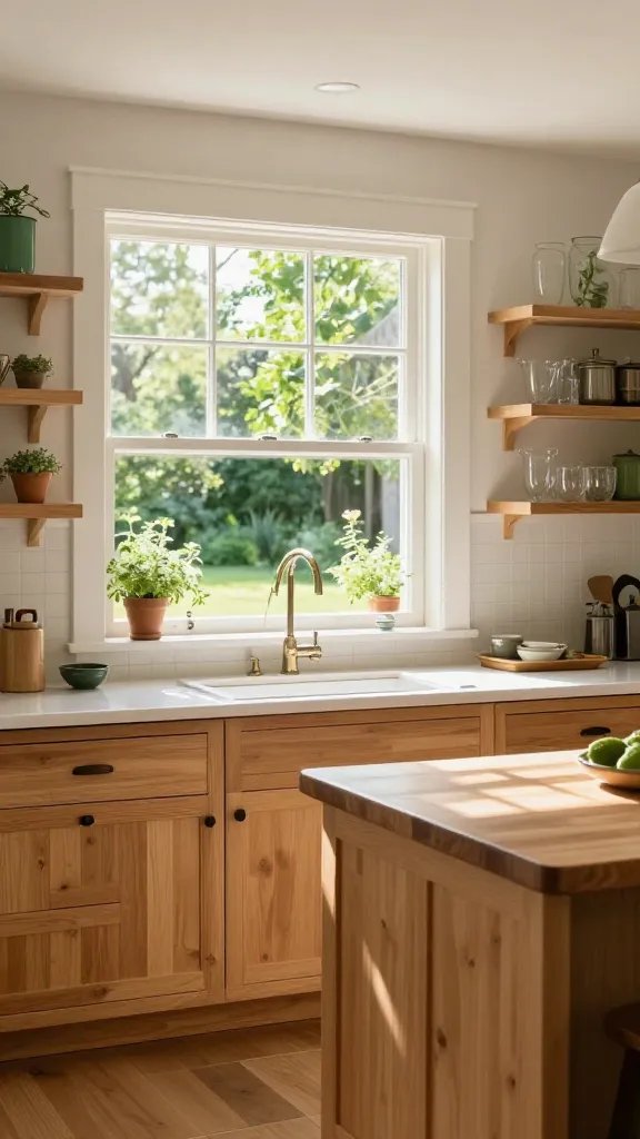 A bright prairie-style kitchen bathed in warm morning light, featuring a wide kitchen window with a herb sill framing lush garden views and framed by clean prairie lines. The space showcases light honey wood cabinetry with classic shaker doors, a floating island with a butcher-block top, and a warm white color palette accented by Victoriana greens. The scene includes carefully chosen lighting that makes mornings feel like a painting come to life, with sun-dappled greens outside and soft shadows inside. The overall vibe is timeless and optimistic, a kitchen you&rsquo;d proudly show off to neighbors, with pristine countertops, open shelving displaying heirloom glassware, and a calm, inviting atmosphere that highlights the main subject: the prairie-style kitchen with expansive garden views. ultra-realistic interior photograph, high resolution, natural light, depth of field that emphasizes the window view and island, 8k realism, no text on image