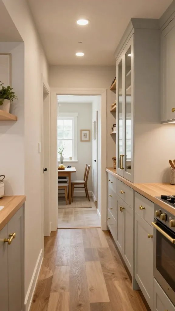 Create a realistic, high-quality photo of a cozy cottage kitchen that doubles as a hallway pantry, designed for a sociable, practical vibe. The scene features an ivory and pale gray color palette on walls, with natural wood accents and soft brass hardware. A narrow pantry with glass doors lines one side of a short corridor that leads to a dining area, seamlessly blending storage and flow. Include flush-mount ceiling lights casting warm, gentle illumination, soft-close drawers and doors, and accessible counters within arm&rsquo;s reach. The kitchen should feel like a sociable space where people can prep together in a cozy corridor, with a hint of dining-room access visible at the end. Ensure the main subject reflects the article&rsquo;s title &ldquo;21 Creative Cottage Kitchen Ideas in 2026&rdquo; by presenting a practical, inviting cottage kitchen-hallway pantry. No text on the image.