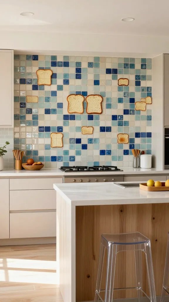 Create a high-resolution, photorealistic kitchen scene titled "Light Studio Kitchen With Ceramic Tile Mosaic." The main subject should be a bright, airy kitchen anchored by a glossy ceramic tile mosaic backsplash that functions as a gallery wall for the cookspace. The color palette combines ivory neutrals with blues and teals integrated into the mosaic, complemented by natural wood tones throughout. Include white quartz countertops and transparent stools to maintain a light, open feel. The space should feel sunny and studio-like, with natural light flooding in, subtle artful touches, and a clean, uncluttered counter. Ensure the mosaic backsplash is the focal point, appearing as a cohesive tile artwork that could whimsically resemble a mural of toast. No text on the image.