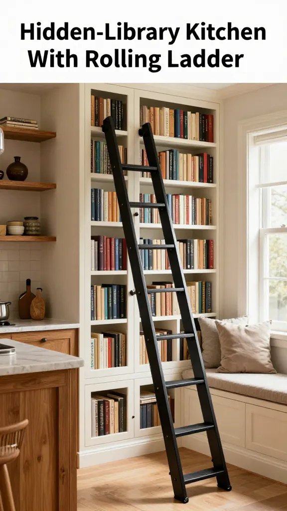 A realistic, high-quality photo of a kitchen that doubles as a reading nook titled "Hidden-Library Kitchen With Rolling Ladder." The scene features built-in ivory cabinetry with glass doors overflowing with books, seamlessly integrated into a warm-finished wood kitchen with countertops and open shelves. A black iron rolling ladder leans against the book-filled cabinetry, ready to slide along a track. Include a cozy window seat with plush cushions in neutral tones, inviting natural light to illuminate the space. The color palette should emphasize ivory shelves, warm wood tones, and black iron accents. The ambiance is intellectual coziness, with a subtle sense of adventure in cooking&mdash;like flipping through a favorite recipe from a cherished chapter. No text on the image.