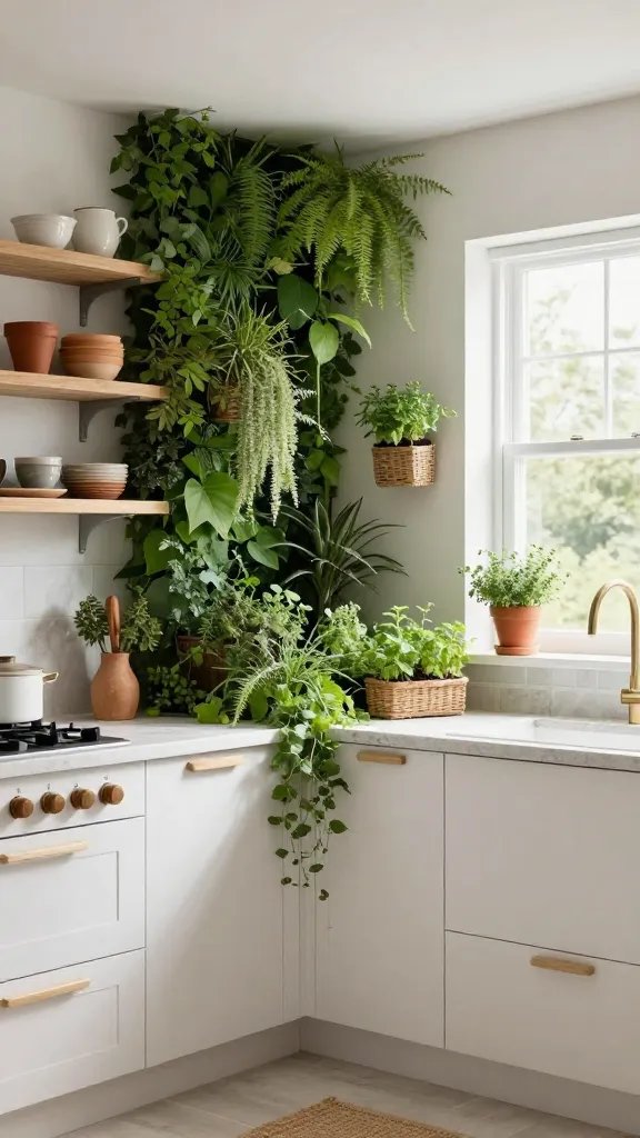 A high-resolution, photorealistic kitchen scene featuring a modern cottage-style design with a lush living wall mounted beside the stove, thriving greenery cascading across a vertical garden with small herb planters integrated at countertop level. Bright whites and soft grays on cabinetry and walls, natural stone countertops with subtle veining, and warm rattan and light wood accents throughout. Open shelving displays terracotta pots and simple kitchenware; a window nearby fills the room with natural light. The stove area is integrated into the greenery, making the plants feel connected to cooking activity. Include a few herb-scented planters mounted near the window, and ensure the space feels fresh, breathable, and garden-inspired, as if the room is a daily dose of nature. No text on the image.