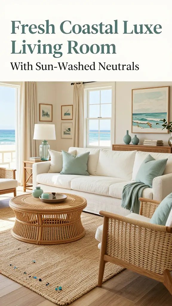 Create a photorealistic, high-resolution living room scene titled &ldquo;Fresh Coastal Luxe Living Room With Sun-Washed Neutrals.&rdquo; The room should exude Bright, sunlit, seaside postcard vibes with real, usable furniture. Use a soft, sun-washed color palette of ochres, creams, and pale sand, accented by sea-foam green and pale blue, and grounded by warm wood tones. Central piece: a low-profile white linen sofa with crisp cushions. Pair with a round or oval rattan coffee table and light woven armchairs. Include a textured jute rug, subtle sea-glass accents, and a glass lamp (with a clear or pale-tinged glass shade) on a side table. Incorporate natural light streaming in through large windows, coastal decor touches (woven textures, subtle maritime art, soft throw blankets in muted blues), and minimal clutter. The main subject should be clearly represented as a chic, comfortable living room that feels like a vacation, with balanced composition, natural materials, and a cohesive coastal-luxe vibe. No text on the image.