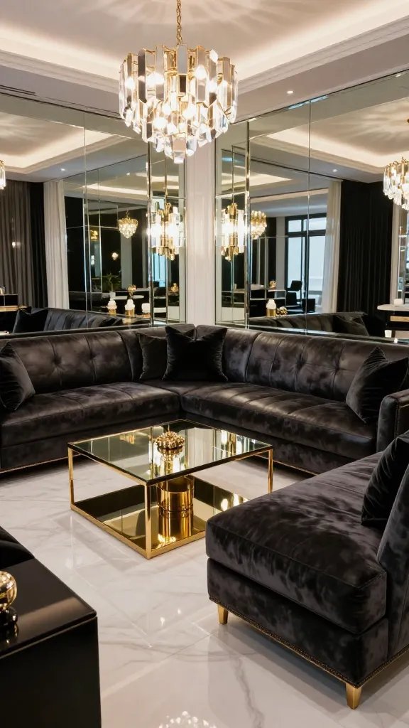 A hyper-realistic, high-end interior scene of a Palm Beach glam bachelor pad lounge with mirror-polished surfaces, centered around a stylish main subject: a sleek leather and velvet sectional in deep charcoal, paired with a matching chaise, all set against an accent wall of beveled mirrors that reflects sumptuous lighting. The room features a refined palette of charcoal and black with bright white, and warm gold and brass detailing. Include a gold-framed coffee table and matching side tables with beveled edges, a statement chandelier featuring geometric facets, and luxurious velvet textures in deep tones across cushions and throw accents. The space should feel nightlife-friendly yet sophisticated, with high-gloss surfaces, plush textures, and reflective surfaces that create depth and glamour. Ensure realistic lighting, subtle shadows, and a clean, polished floor&mdash;no text on the image.