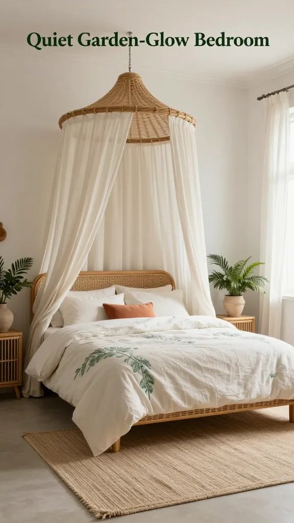 A high-resolution, photo-realistic interior scene of a bedroom titled &ldquo;Quiet Garden-Glow Bedroom,&rdquo; featuring a wicker canopy bed with light, airy white linens and subtle sage embroidery, set in a serene, sunlit space. The base palette is whites and warm beige with hints of sage green and terracotta accents. A natural fiber rug spans a soft, textured floor, and rattan nightstands flank the bed, each topped with ceramic planters housing lush greenery. A light-wood headboard blends with the canopy frame, while sheer linen curtains diffuse gentle daylight, casting a warm, restorative glow. Subtle botanical drama is introduced through carefully arranged greenery and organic textures: woven textiles, a linen duvet, and a few terracotta accessories. The overall mood is quiet, restorative, and garden-inspired&mdash;like sleeping in a lush courtyard&mdash;with the room whispering &ldquo;rest now, sparkle later,&rdquo; and no text on the image.