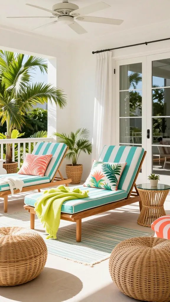 A bright, sun-drenched Florida sunroom scene featuring a stylish Palm Beach chic aesthetic. Center the composition on a main subject: a turquoise and white striped lounge chair with a botanical-print throw pillow, paired with a matching chair, both framed by lush natural light pouring in from large glass doors. Surround them with woven poufs, a lightweight lime-green throw blanket draped casually, and glass side tables with wicker accents. The room should showcase a color palette of bright whites with pops of turquoise, coral, and lime, plus natural wood and wicker for warmth. Include ceiling fans with chic, white-blade fixtures to accent the tropical vibe. Use textures of rattan, wicker, and linen, with tropical botanical prints on cushions and a subtle striped rug grounding the seating area. Add potted palms or tropical greenery at the edges, sunlight filtering through sheer white curtains, and a view of a softly blurred outdoor terrace to convey year-round sunshine. Ensure a high-resolution, realistic interior photography look with natural shadows, crisp details, and a welcoming, sunlit mood. No text on the image.