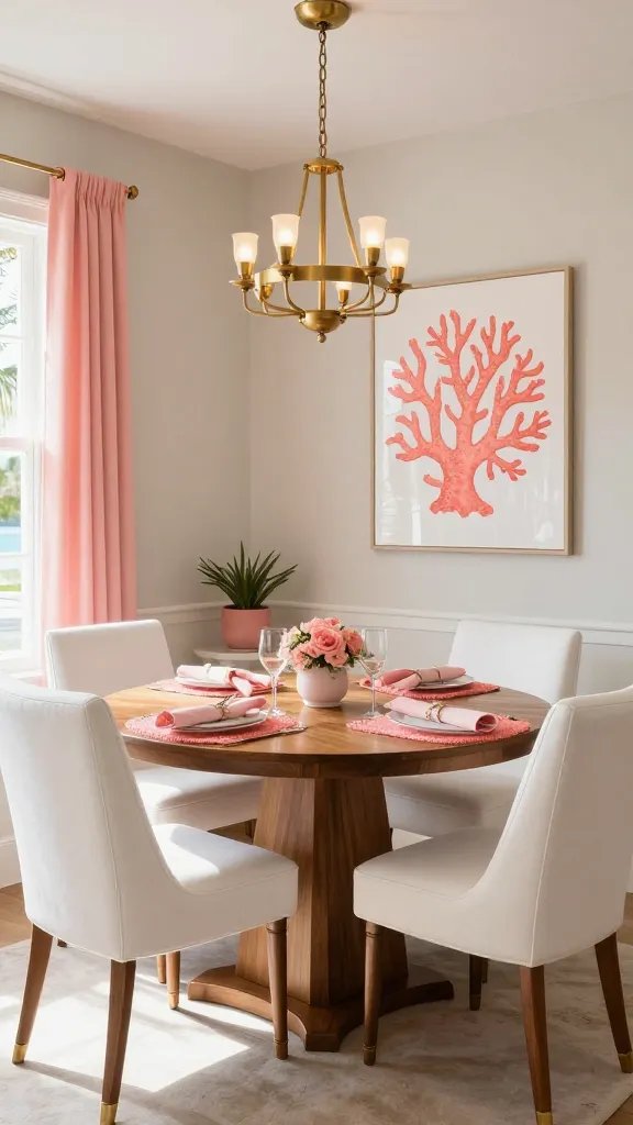 A high-resolution, photorealistic dining nook set in a sunlit Palm Beach-inspired dining space. Center the scene around an oval wooden dining table with a warm, walnut finish, surrounded by white upholstered dining chairs with soft curves and subtle tufting. Emphasize coral-pink accents throughout: coral-pink textured placemats, linen napkins in blush tones, and a statement coral artwork on a cream or light gray wall. Incorporate brushed brass or copper hardware on the chairs and a brushed brass chandelier or pendant lights above the table, casting a warm, inviting glow. The room should have cream or light gray walls to let the colors pop, with a touch of coastal whimsy&mdash;perhaps a hint of sea-inspired decor or a small potted plant. The overall vibe should feel chic, celebratory, and intimate, suitable for soft conversations and lingering meals, with natural light streaming in to enhance the coral-pink palette. Ensure the main subject (the Coral Reef Dining Nook) is clearly the focal point of the image. No text on the image.