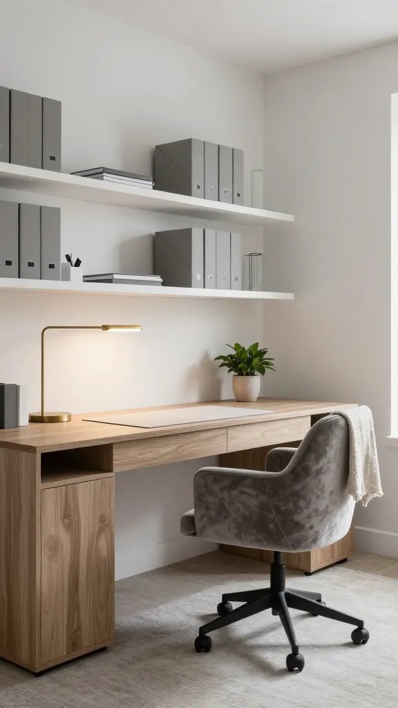 A high-resolution, photorealistic interior scene of a monochrome Palm Beach home office, bathed in soft natural light. The main subject is a chic executive desk in a light wood finish with a subtle lacquer sheen, paired with an ergonomic chair upholstered in plush boucle velvet in warm gray tones. Surround the desk with floating white shelves mounted on a pristine white wall, neatly organized with minimal filing system and a few slim organizers. Include a tidy, low-profile desk lamp with minimalist brass accents casting gentle, warm illumination, and a small potted plant adding a touch of greenery. The room should feel calm and luxurious, with a restrained color palette of grays, whites, warm wood tones, and whispers of brass. Layer textures through the chair, a linen desk mat, and a boucle or linen throw draped on the chair back for depth. The overall composition is balanced, elegant, and designed to inspire productivity, with no visible text or branding in the scene.