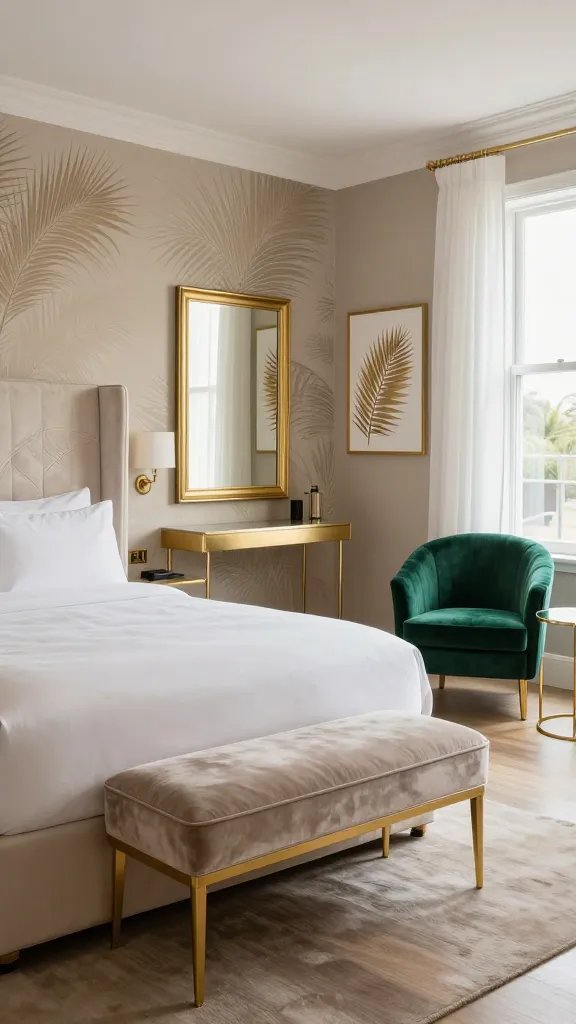 A luxurious guest suite scene featuring a king-size bed with an ivory velvet wingback headboard embossed with a subtle palm leaf motif, flanked by taupe wallpaper and soft gold accents. At the foot of the bed sits a matching velvet bench in taupe with gold legs. A statement gold-framed mirror hangs above a sleek gold console, paired with complementary gold-framed palm-leaf art on the wall. On one side, a plush velvet chair in emerald green or teal sits beside a small gold-glass side table, creating a seating area that invites relaxation. The room uses a palette of ivory, taupe, and soft gold with emerald/teal accent touches, featuring palm-leaf motifs in textiles and decor. Crisp white drapery frames a large window that lets in natural light, a breathable, airy atmosphere, and a floor that appears warm, muted wood. The overall vibe is luxe yet welcoming, with modern hardware finishes and a refined, vacation-like ambiance suitable for pampering guests.
