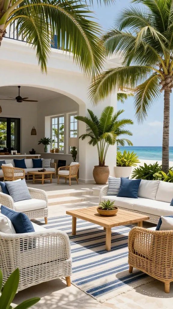 A realistic, high-quality outdoor living space that embodies Courtyard-Inspired Outdoor Room with Sun-Soaked Comfort, seamlessly connected to an indoor chic area. Feature white-washed wicker and rattan seating with weather-resistant cushions arranged in expansive lounge zones around a durable outdoor rug in a nautical stripe pattern. Integrate natural textures: woven furniture, sisal accents, and light timber or stone surfaces. Use a color palette of blues and greens to echo the sea and palm canopies, with tall planters housing lush greenery and palms. Include ceiling fans or outdoor pendant lights overhead and planters with tall palms to create a tall, tropical canopy. The scene should feel outdoorsy yet polished, with a calm, sunlit glow, realistic shadows, and a sense of seamless flow from inside to outside. No text on the image.