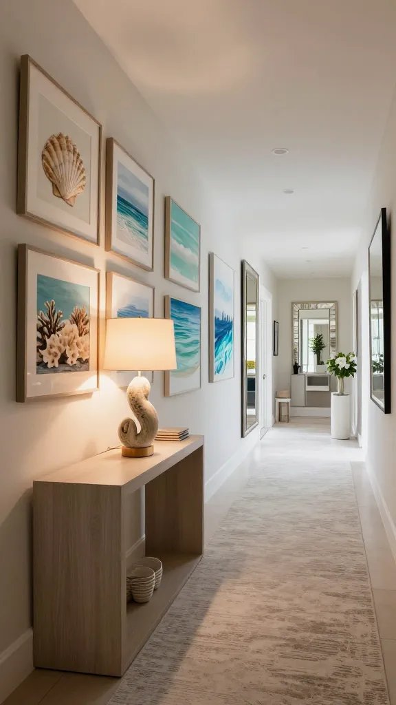 A long, sunlit hallway in a Palm Beach chic home, captured in a cinematic, high-resolution realistic photo. The scene features a wide, low-profile console against a soft neutral wall, topped with a sculptural, modern lamp that casts warm, inviting light. Along the walls, a curated gallery of ocean-inspired art runs the length of the corridor: framed seashells, coral reefs, and abstract water motifs in blue-greens and sandy accents, with subtle textures in the frames and mats. The floor showcases a rug with gentle texture in a light color palette, complemented by decorative mirrors positioned to bounce light and create an airy feel. The overall ambiance combines soft neutrals with ocean-inspired hues, natural textures, and statement lighting, guiding the viewer through the space with a calm, sophisticated rhythm. The image should be ultra-realistic, with attention to lighting, texture details (wood, fabric, glass, metal), and a polished Palm Beach aesthetic. No text within the image.