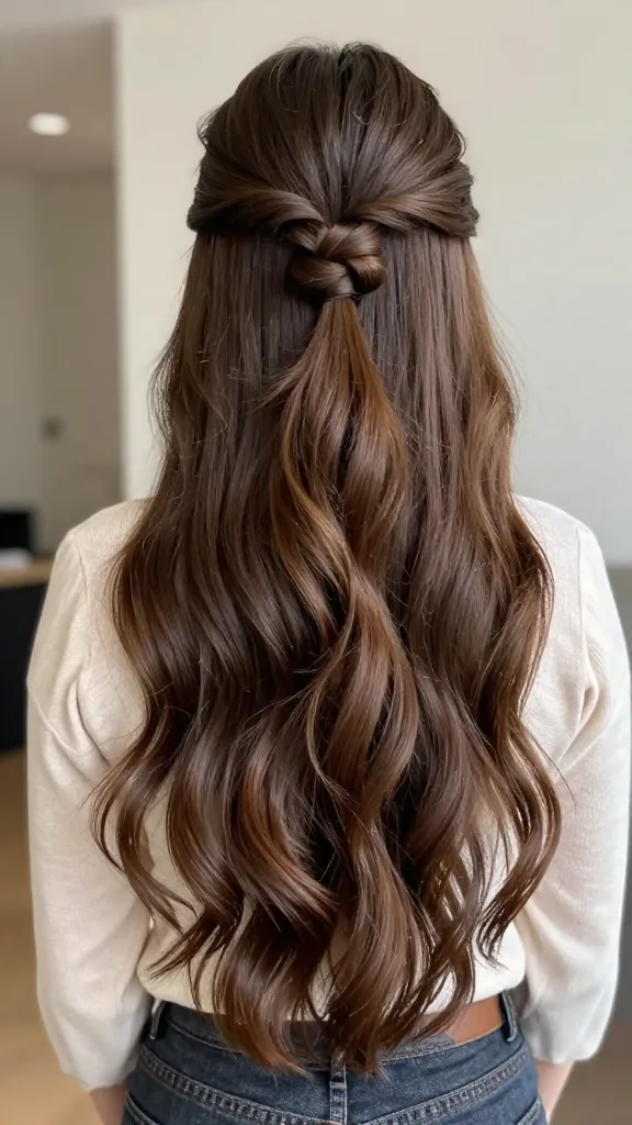 Create a high-resolution, realistic photo of a stylish woman with long, glossy hair styled in a Knotted Half-Up Tuck. The top section is secured with two small, neat knots, allowing the ends to peek out playfully for a playful silhouette. The hair appears with grip and texture, showing subtle volume and a natural shine achieved using texture spray and light bobby pins or small clamps, with a gentle, flexible hold that looks touchable and not stiff. The scene should convey versatility and everyday chic, suitable for dates, meetings, and weekend adventures. The woman stands in a softly lit, modern indoor setting with neutral tones, wearing a casual yet polished outfit (e.g., a chic blouse or sweater) and a relaxed, confident expression. No text on the image.