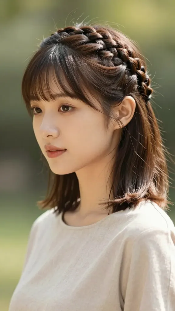 A realistic high-quality portrait of a stylish woman with medium-length hair styled into a delicate mini French braid halo around her head. The braids start at the temples, circling the crown and joining at the back with a subtle, nearly invisible elastic, giving a soft halo effect. Her face is gently illuminated with natural light, hair neatly pulled away from her features to keep the look face-friendly. She wears a simple, elegant top in a neutral color, and stands in a sunlit outdoor setting with a blurred background of soft greenery to emphasize a chic, timeless, and photogenic hairstyle suitable for a long day out. No text on the image.