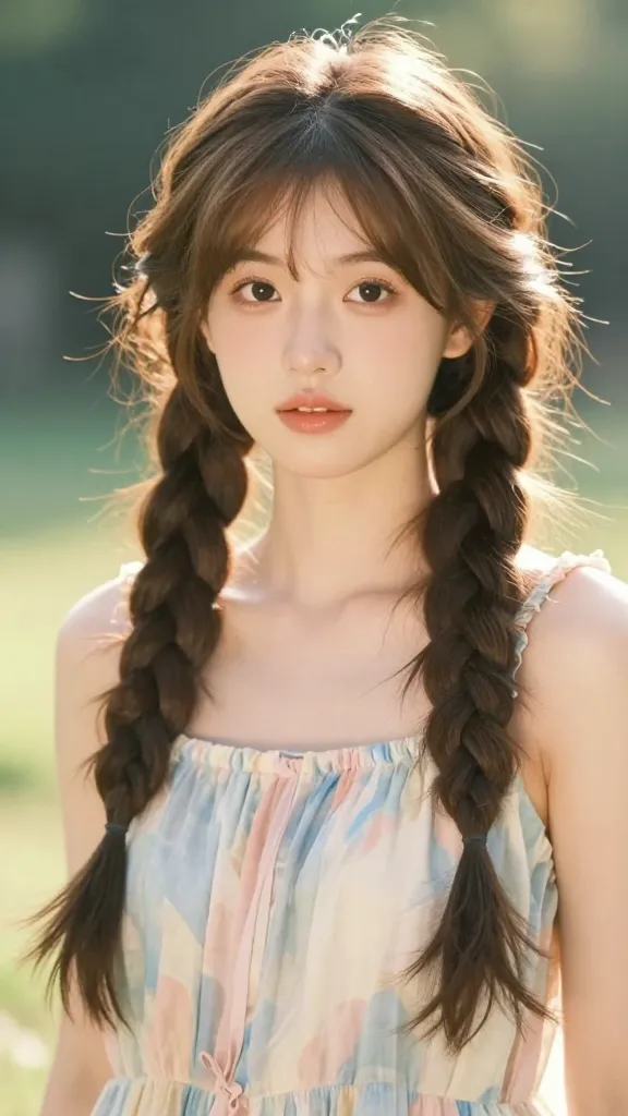 Create a high-resolution, realism-style portrait of a stylish young woman with a warm, sunlit complexion wearing a soft, ethereal look featuring textured milkmaid braids. The braids should be slightly loosened for a relaxed, romantic vibe, with a light, airy feel. The subject’s hair is mid-length to long, parted softly, with gentle waves and subtle volume at the roots from a light dusting of dry shampoo. She is dressed in a summery, flowy dress in pastel tones, standing or posing outdoors in a sun-dappled garden or field setting that conveys a breezy, carefree summer mood. The overall composition is flattering to a variety of face shapes, with natural makeup, a calm, confident expression, and a clean background devoid of text or distractions. The lighting is soft golden-hour glow, enhancing textures of the braids and hair ends, and the image should have a cinematic, magazine-quality realism.