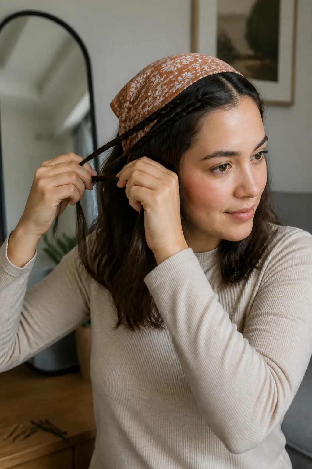 Candid professional photograph of a REAL, living person (a real human model, never a mannequin, wig stand, display head, dummy, statue, doll or 3D render). Three-quarter view of a woman with shoulder-length hair wearing a patterned bandana, braiding two thin strands to form a crown beneath the fabric; neutral living room backdrop with a mirror and a few hairpins visible. Close but with head and face fully in frame, soft indoor light, natural realistic portrait, no text, no words, no letters, no watermark, no logo. a real, living, breathing human being &mdash; a genuine person modelling for a candid professional photograph &mdash; with natural lifelike skin, realistic warm skin texture, real pores, natural human expression and a real body. Absolutely NOT a mannequin, NOT a mannequin head, NOT a wig stand, NOT a wig display head, NOT a store dummy, NOT a display bust, NOT a statue, NOT a wax figure, NOT a doll, NOT a plastic figure, NOT a 3D render, NOT a hairstyle on a stand. fully clothed in tasteful modest everyday clothing, wholesome, family-friendly, safe for work, no nudity, no bare chest, no exposed skin beyond face and hands, non-sexual, appropriate