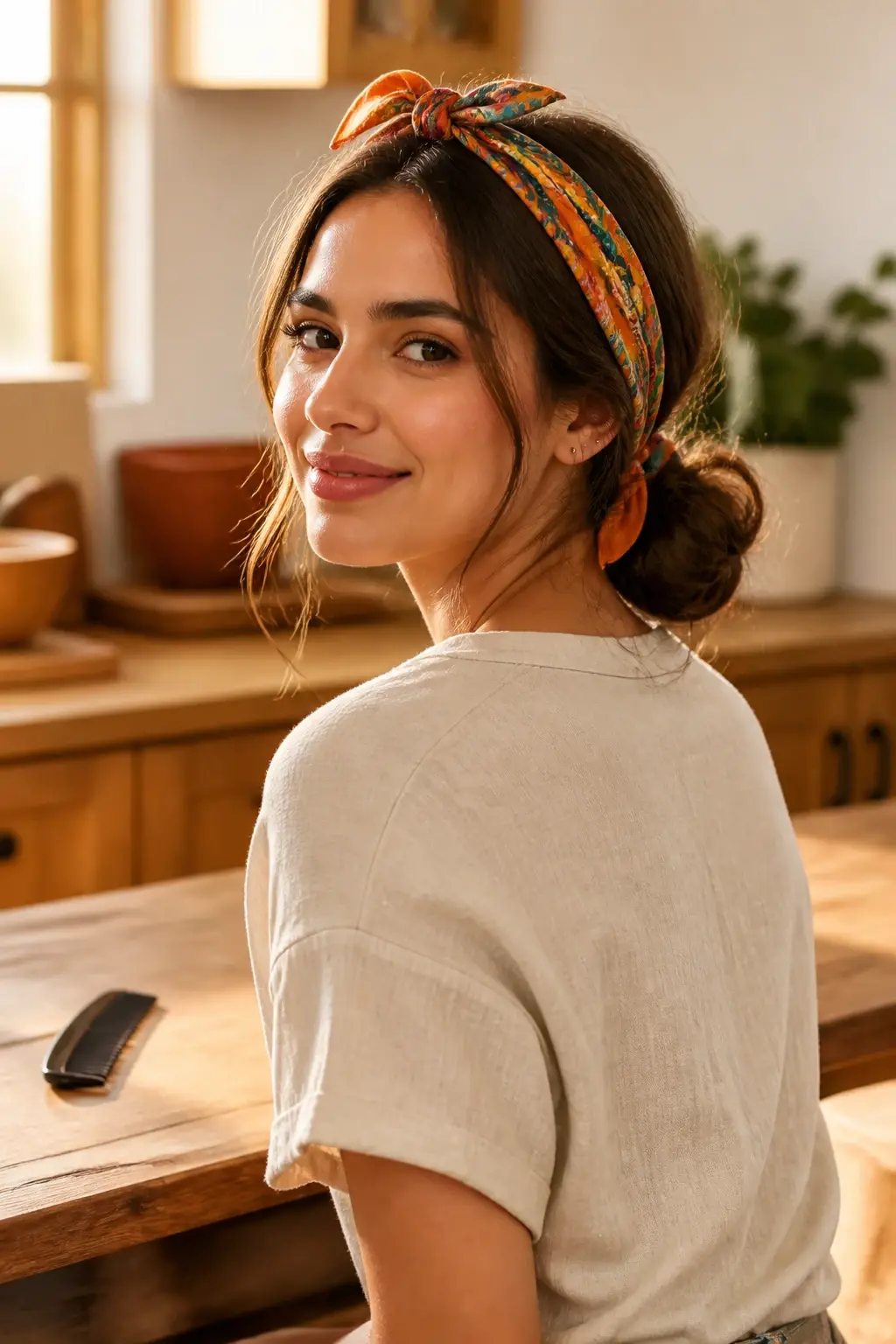 Candid professional photograph of a REAL, living person (a real human model, never a mannequin, wig stand, display head, dummy, statue, doll or 3D render). Over-the-shoulder shot of a woman with long hair wearing a vibrant bandana, hair gathered into a low bun, bandana tied at the back to peek out front; warm kitchen setting with a wooden counter and a comb nearby. Medium shot, warm golden-hour feel, natural skin tones, no text, no words, no letters, no watermark, no logo. full face and entire head fully inside the frame, clearly visible, sharp and in focus, never cropped or cut off at the edges, generous headroom, complete unobstructed face. a real, living, breathing human being &mdash; a genuine person modelling for a candid professional photograph &mdash; with natural lifelike skin, realistic warm skin texture, real pores, natural human expression and a real body. Absolutely NOT a mannequin, NOT a mannequin head, NOT a wig stand, NOT a wig display head, NOT a store dummy, NOT a display bust, NOT a statue, NOT a wax figure, NOT a doll, NOT a plastic figure, NOT a 3D render, NOT a hairstyle on a stand. fully clothed in tasteful modest everyday clothing, wholesome, family-friendly, safe for work, no nudity, no bare chest, no exposed skin beyond face and hands, non-sexual, appropriate