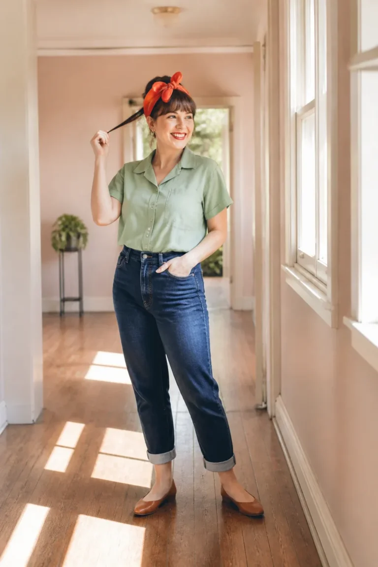 Candid professional photograph of a REAL, living person (a real human model, never a mannequin, wig stand, display head, dummy, statue, doll or 3D render). Hero shot of a smiling woman wearing a bright bandana, bold retro vibes, standing in a sunlit hallway with soft pastel walls; she holds a strand of hair away from her face as the knot sits at the crown. Full-body, three-quarter angle, natural morning light, candid feel, no text, no words, no letters, no watermark, no logo. full face and entire head fully inside the frame, clearly visible, sharp and in focus, never cropped or cut off at the edges, generous headroom, complete unobstructed face. a real, living, breathing human being &mdash; a genuine person modelling for a candid professional photograph &mdash; with natural lifelike skin, realistic warm skin texture, real pores, natural human expression and a real body. Absolutely NOT a mannequin, NOT a mannequin head, NOT a wig stand, NOT a wig display head, NOT a store dummy, NOT a display bust, NOT a statue, NOT a wax figure, NOT a doll, NOT a plastic figure, NOT a 3D render, NOT a hairstyle on a stand. fully clothed in tasteful modest everyday clothing, wholesome, family-friendly, safe for work, no nudity, no bare chest, no exposed skin beyond face and hands, non-sexual, appropriate