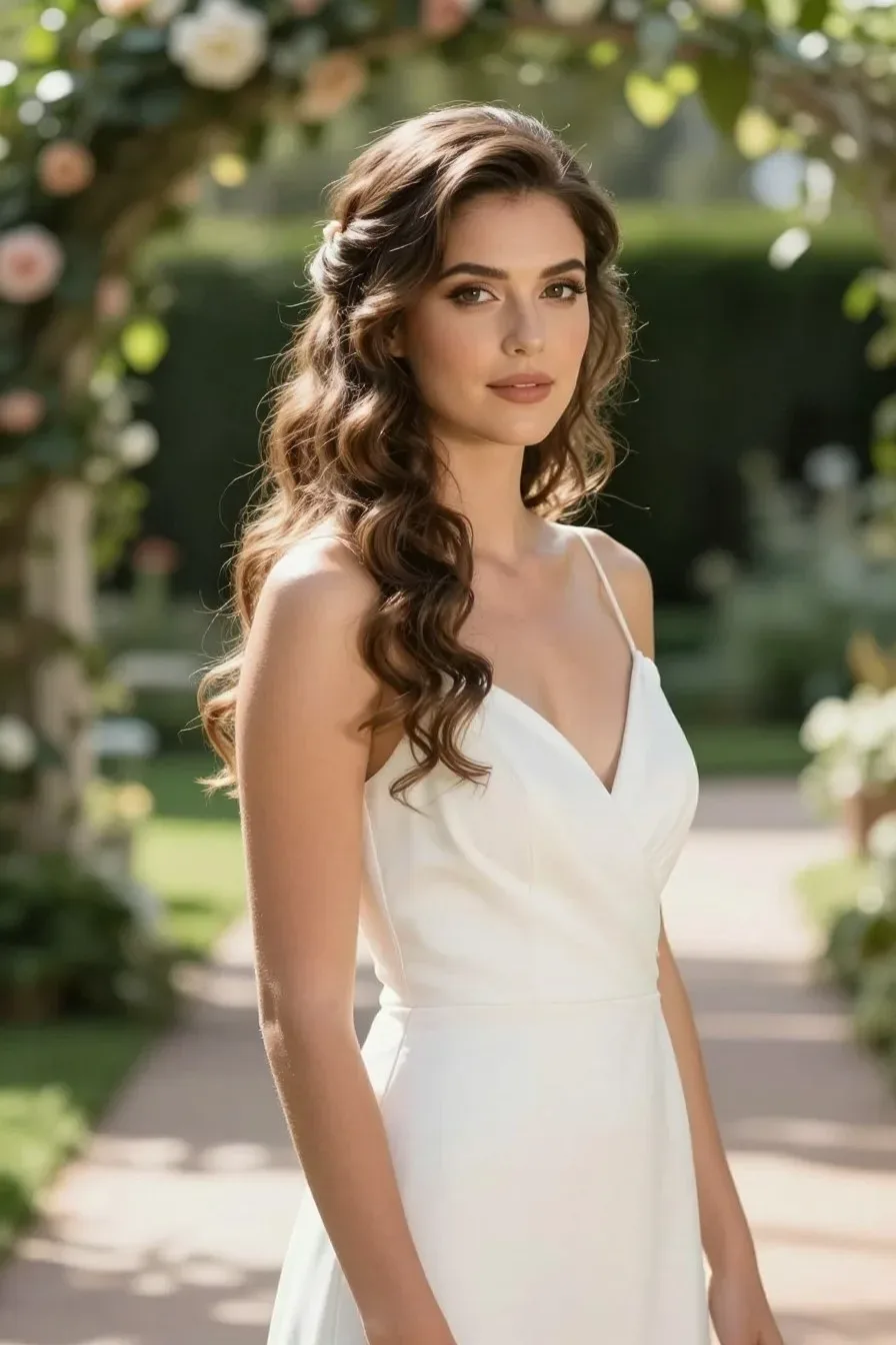 Three-quarter view of a stylish bride-like guest showcasing a romantic half-up with loose curls; garden party backdrop with soft greenery, floral accents, and a sunlit path; model facing camera slightly angled, natural makeup, warm highlights catching light, no text, no words, no letters, no watermark, no logo. fully clothed in tasteful modest everyday clothing, wholesome, family-friendly, safe for work, no nudity, no bare chest, no exposed skin beyond face and hands, non-sexual, appropriate