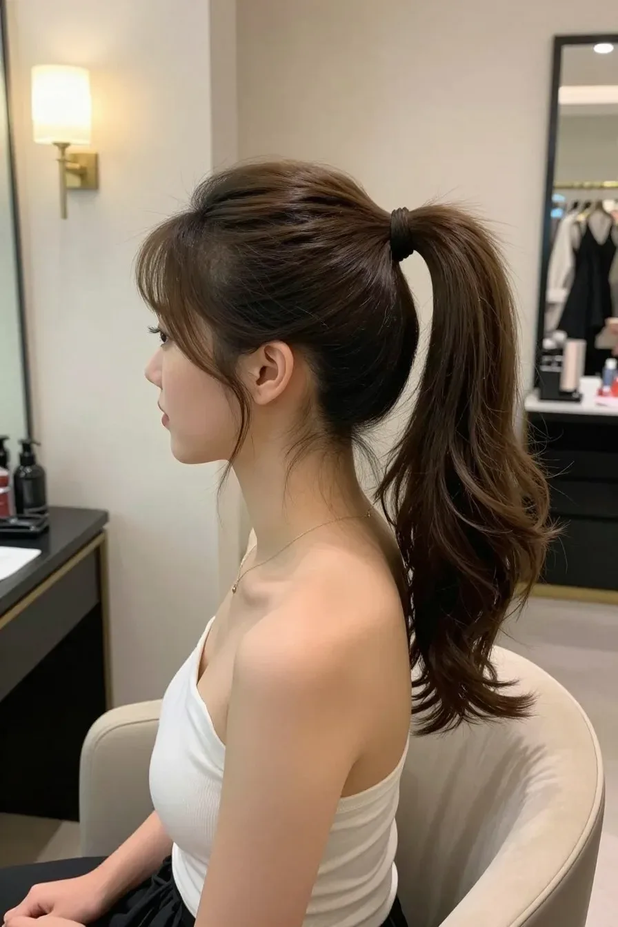 Candid side profile of a guest sporting a side-swept ponytail with volume; indoor boutique setting, soft ambient lamps, elegant chair, subtle jewelry, model looking away from camera to emphasize ponytail, no text, no words, no letters, no watermark, no logo. fully clothed in tasteful modest everyday clothing, wholesome, family-friendly, safe for work, no nudity, no bare chest, no exposed skin beyond face and hands, non-sexual, appropriate