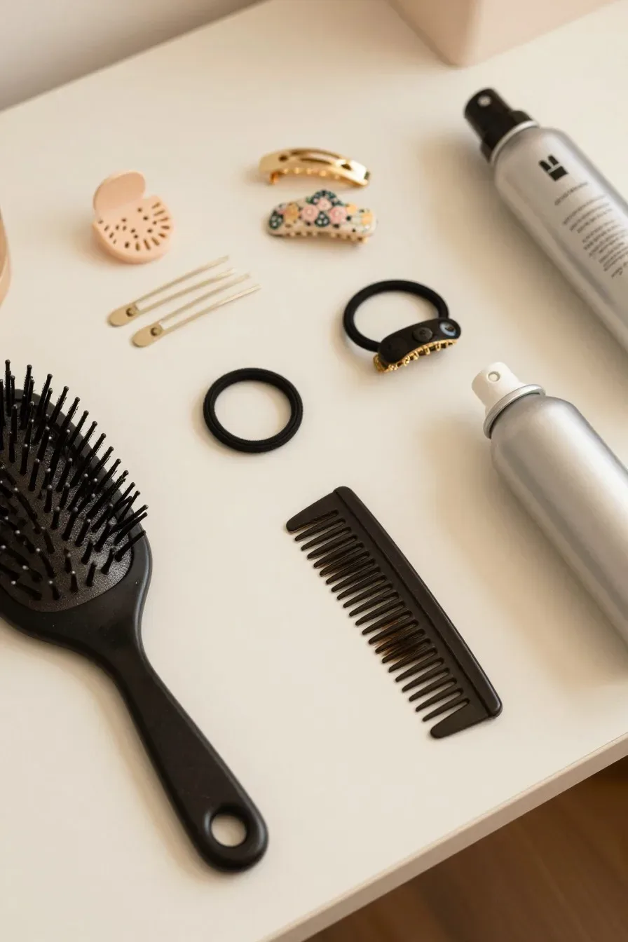 Flat-lay detail close-up of hair tools and accessories for a side-swept ponytail: comb, elastics, bobby pins, texturizing spray, decorative clip on a clean desk, warm-toned lighting, no person in frame, no text, no words, no letters, no watermark, no logo. fully clothed in tasteful modest everyday clothing, wholesome, family-friendly, safe for work, no nudity, no bare chest, no exposed skin beyond face and hands, non-sexual, appropriate