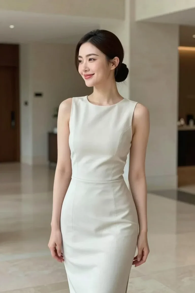 Striking hero image: a real living woman in a chic, light-colored dress wearing a sleek low bun with a soft shine, posing in a bright hotel lobby with neutral décor and minimal accessories; full-body shot, natural window light, relaxed smile, hair glossy and neat, no text, no words, no letters, no watermark, no logo. fully clothed in tasteful modest everyday clothing, wholesome, family-friendly, safe for work, no nudity, no bare chest, no exposed skin beyond face and hands, non-sexual, appropriate
