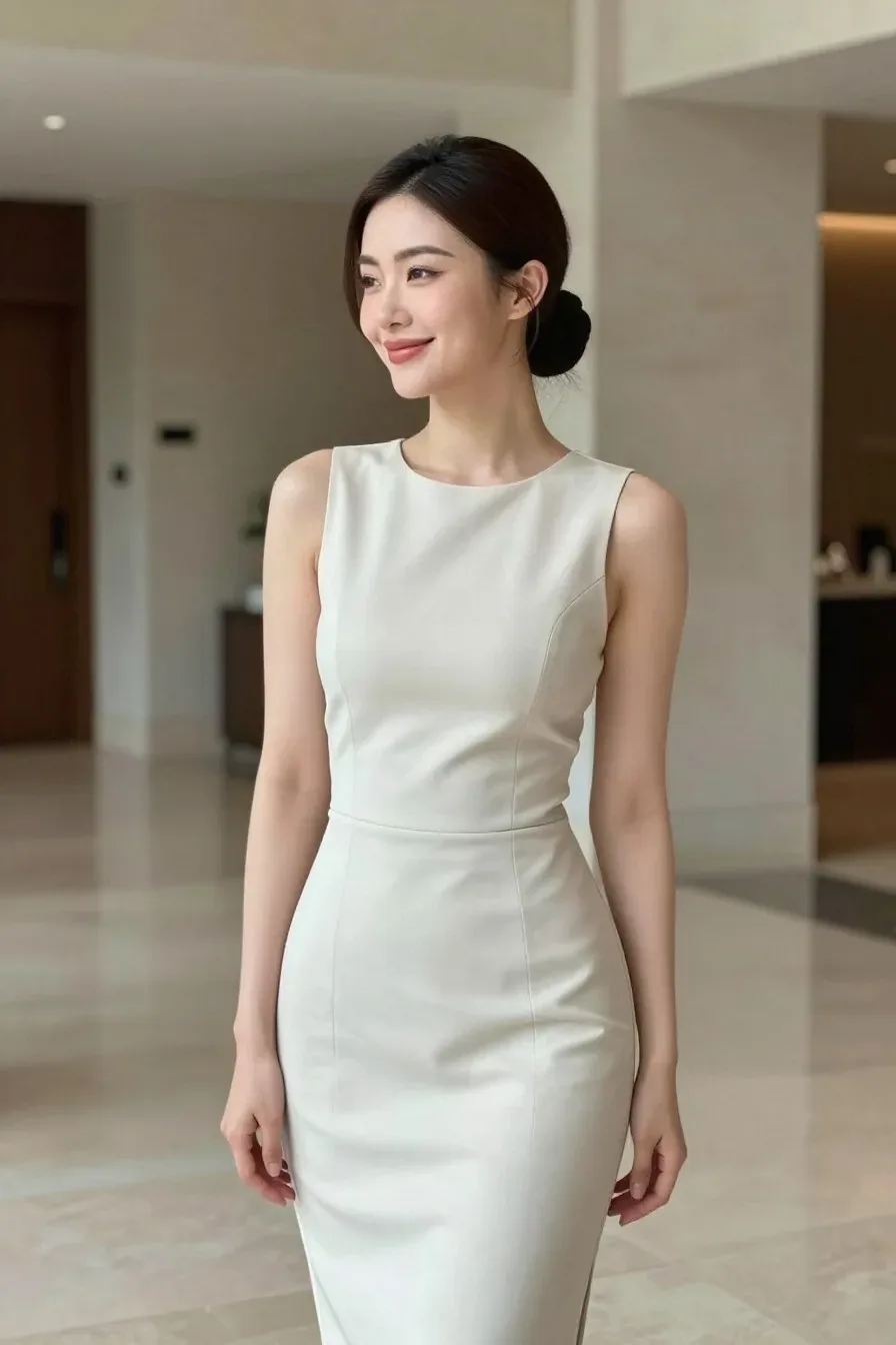 Striking hero image: a real living woman in a chic, light-colored dress wearing a sleek low bun with a soft shine, posing in a bright hotel lobby with neutral d&eacute;cor and minimal accessories; full-body shot, natural window light, relaxed smile, hair glossy and neat, no text, no words, no letters, no watermark, no logo. fully clothed in tasteful modest everyday clothing, wholesome, family-friendly, safe for work, no nudity, no bare chest, no exposed skin beyond face and hands, non-sexual, appropriate