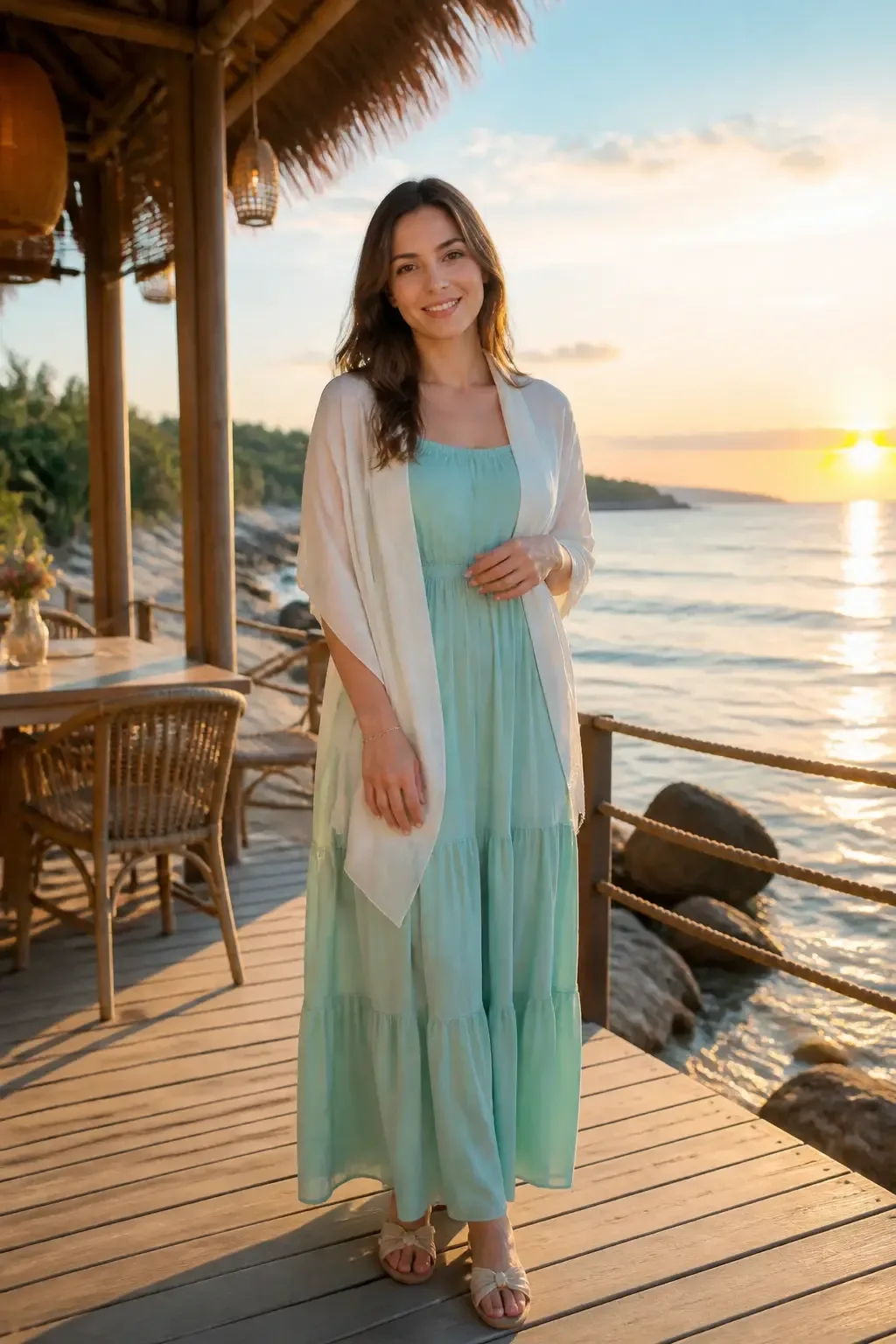 Seafoam maxi dress with ribbon sandals, light scarf draped over shoulders; seaside restaurant terrace at golden hour, soft ocean light, relaxed pose, full face visible, no text, no words, no letters, no watermark, no logo. wholesome family-friendly safe-for-work image. If any human appears, use tasteful modest everyday clothing with upper body, shoulders, chest, torso, waist and legs covered, natural simple relatable styling, calm neutral mood, appropriate for a general audience. high quality photorealistic image, sharp focus, natural true-to-life colors, coherent realistic anatomy, exactly two arms per visible person, exactly two hands per visible person, five fingers on each visible hand, one unique natural face per visible person, balanced facial symmetry, one clear main subject, uncluttered background, only props that directly match the article topic and section