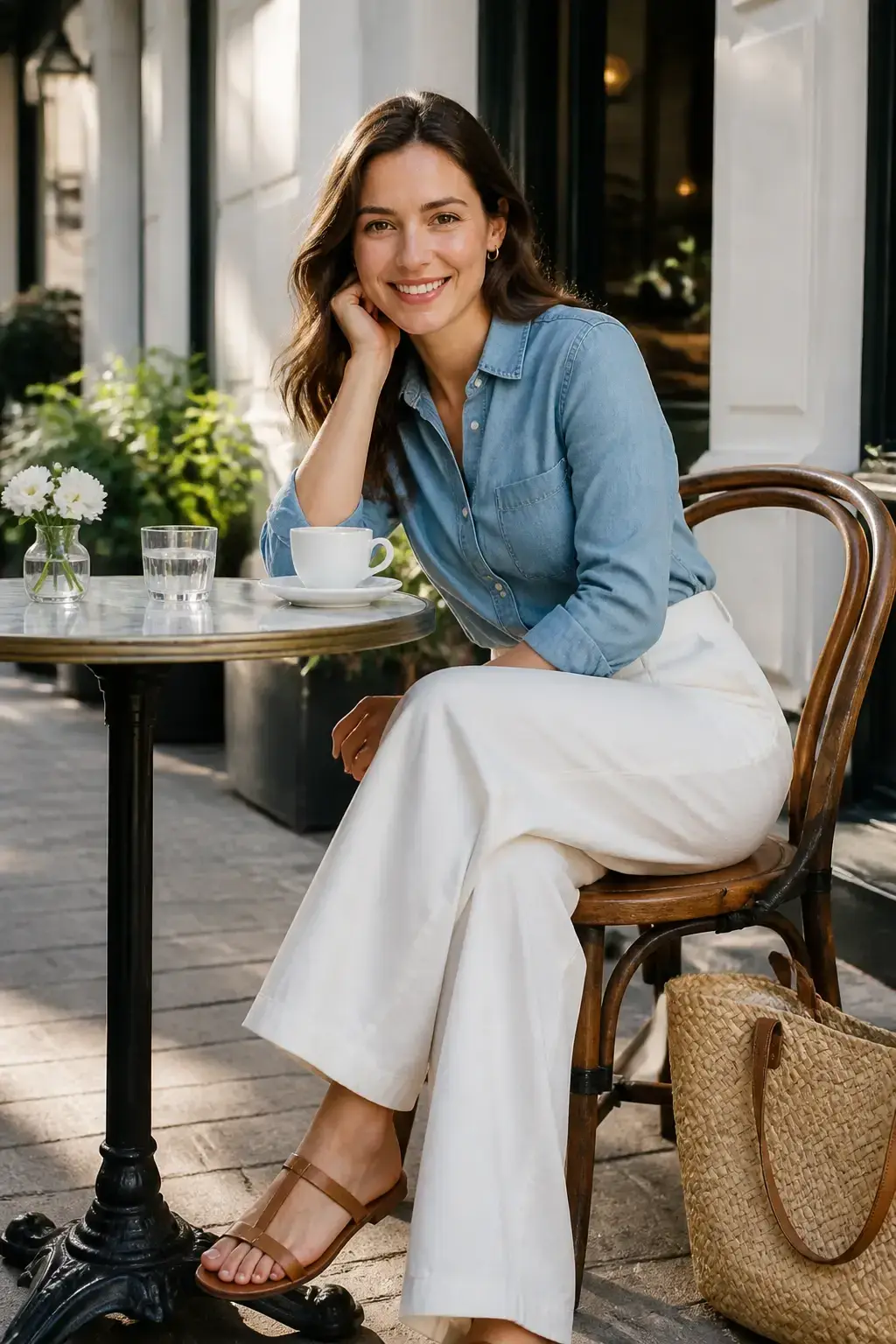 Chambray shirt tucked into white wide-leg pants, rolled sleeves, straw bag nearby; outdoor café setting with bright daylight, casual-elegant mood, full face visible, no text, no words, no letters, no watermark, no logo. wholesome family-friendly safe-for-work image. If any human appears, use tasteful modest everyday clothing with upper body, shoulders, chest, torso, waist and legs covered, natural simple relatable styling, calm neutral mood, appropriate for a general audience. high quality photorealistic image, sharp focus, natural true-to-life colors, coherent realistic anatomy, exactly two arms per visible person, exactly two hands per visible person, five fingers on each visible hand, one unique natural face per visible person, balanced facial symmetry, one clear main subject, uncluttered background, only props that directly match the article topic and section
