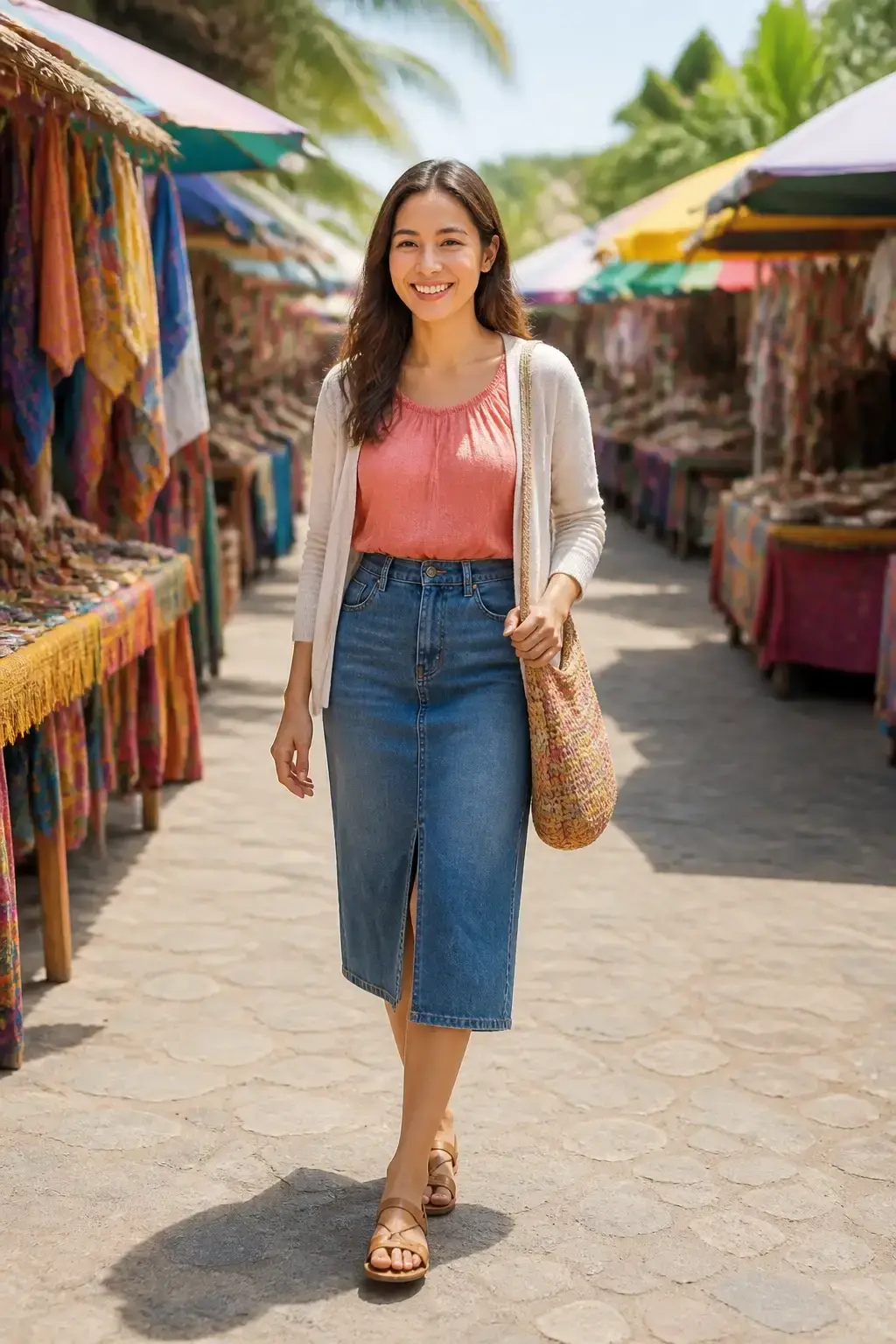 Coral peasant blouse tucked into a denim skirt, light cardigan, flat sandals, beaded bag; island market street with colorful stalls, casual daytime vibe, full face visible, no text, no words, no letters, no watermark, no logo. wholesome family-friendly safe-for-work image. If any human appears, use tasteful modest everyday clothing with upper body, shoulders, chest, torso, waist and legs covered, natural simple relatable styling, calm neutral mood, appropriate for a general audience. high quality photorealistic image, sharp focus, natural true-to-life colors, coherent realistic anatomy, exactly two arms per visible person, exactly two hands per visible person, five fingers on each visible hand, one unique natural face per visible person, balanced facial symmetry, one clear main subject, uncluttered background, only props that directly match the article topic and section