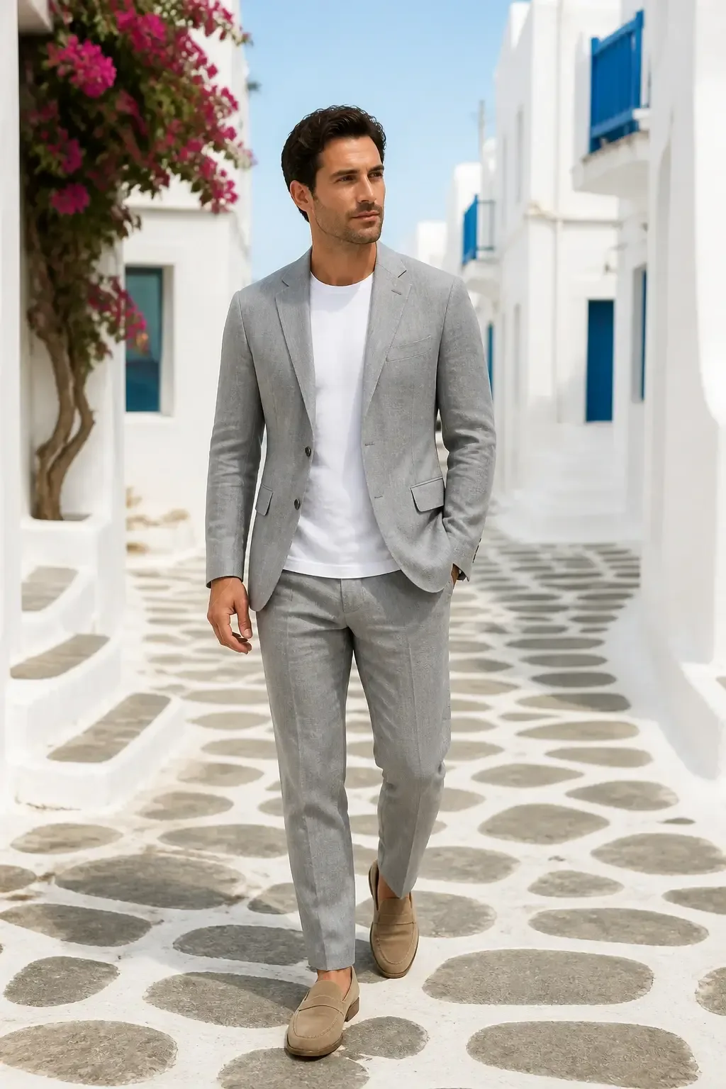 Silver-gray linen suit with white tee, loafers; modern Mykonos street backdrop, clean lines, daytime lighting, confident pose, full face visible, no text, no words, no letters, no watermark, no logo. wholesome family-friendly safe-for-work image. If any human appears, use tasteful modest everyday clothing with upper body, shoulders, chest, torso, waist and legs covered, natural simple relatable styling, calm neutral mood, appropriate for a general audience. high quality photorealistic image, sharp focus, natural true-to-life colors, coherent realistic anatomy, exactly two arms per visible person, exactly two hands per visible person, five fingers on each visible hand, one unique natural face per visible person, balanced facial symmetry, one clear main subject, uncluttered background, only props that directly match the article topic and section