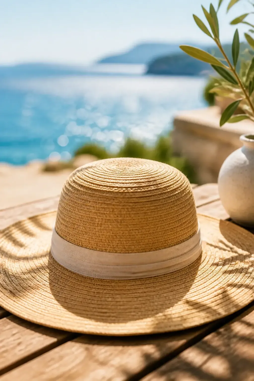 Close-up detail of a straw hat resting on a sunlit table, sunlit sea blurred in background, soft pastel palette, lifestyle shot with no people in frame, no text, no words, no letters, no watermark, no logo. wholesome family-friendly safe-for-work image. If any human appears, use tasteful modest everyday clothing with upper body, shoulders, chest, torso, waist and legs covered, natural simple relatable styling, calm neutral mood, appropriate for a general audience. high quality photorealistic image, sharp focus, natural true-to-life colors, coherent realistic anatomy, exactly two arms per visible person, exactly two hands per visible person, five fingers on each visible hand, one unique natural face per visible person, balanced facial symmetry, one clear main subject, uncluttered background, only props that directly match the article topic and section