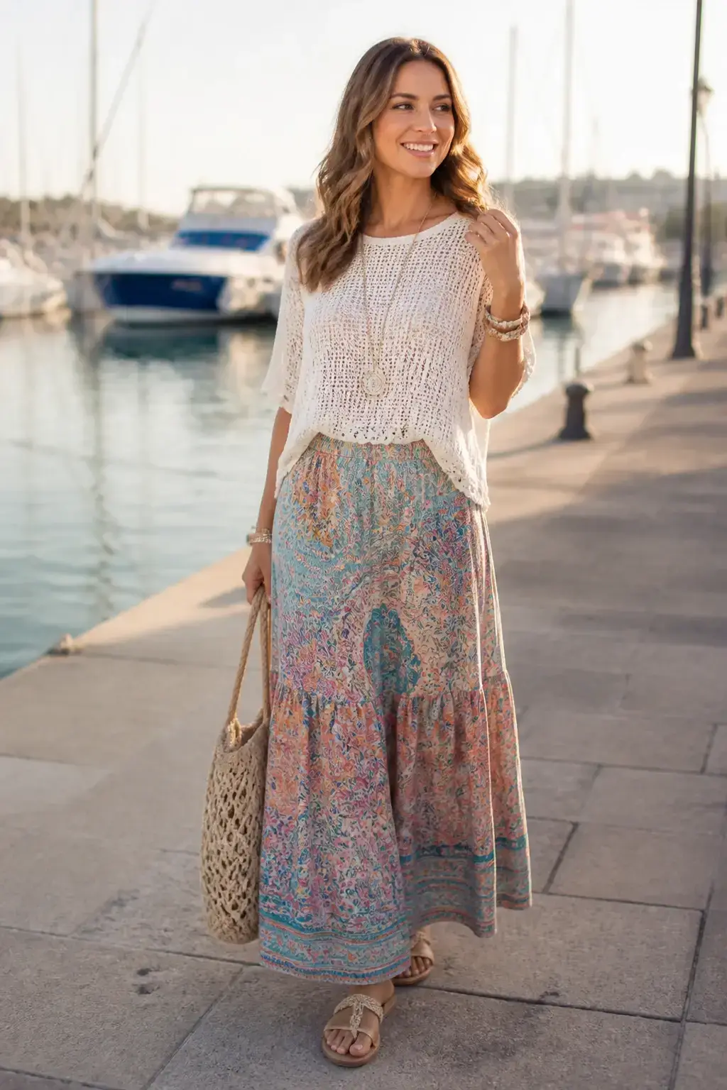 Three-quarter view of a woman near a marina wearing a colorful maxi skirt with a white crochet, boho accessories, flat sandals, and a delicate necklace; sunlit waterfront with boats, candid candid shopping vibe, golden-hour glow, full face visible, no text, no words, no letters, no watermark, no logo. wholesome family-friendly safe-for-work image. If any human appears, use tasteful modest everyday clothing with upper body, shoulders, chest, torso, waist and legs covered, natural simple relatable styling, calm neutral mood, appropriate for a general audience. high quality photorealistic image, sharp focus, natural true-to-life colors, coherent realistic anatomy, exactly two arms per visible person, exactly two hands per visible person, five fingers on each visible hand, one unique natural face per visible person, balanced facial symmetry, one clear main subject, uncluttered background, only props that directly match the article topic and section