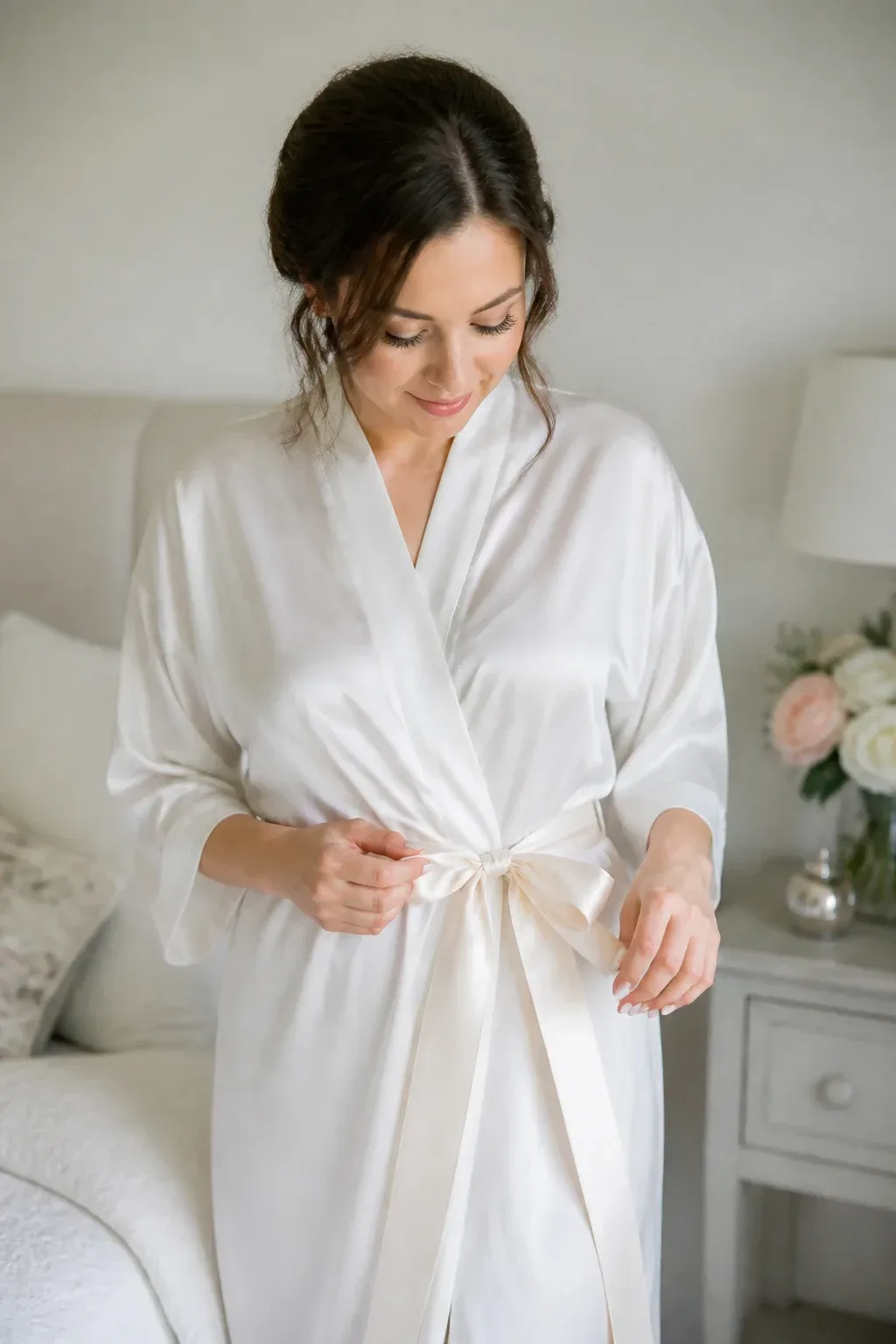 Candid professional photograph of a genuine real human model with lifelike skin and a natural expression. PG-rated, family-safe, modest editorial stock photograph. Any visible person is fully dressed in normal everyday clothing before anything else: shirt or top on, shoulders covered, chest covered, torso covered, waist covered, legs modestly covered, relaxed natural pose. Intimate indoor scene: bride adjusting a satin ribbon accessory in a softly lit bedroom, wearing simple wedding robe, calm expression, full face in frame; no text, no words, no letters, no watermark, no logo. genuine real human model in a candid professional photograph, lifelike warm skin texture, real pores, natural human expression, realistic body proportions. single natural human body with believable ordinary posture, arms naturally attached to the shoulders, no extra arms, no extra hands, no floating hands, no disembodied limbs, no duplicate face, no cloned body parts, no warped fingers, no impossible pose. Every visible person is a grown woman, with women-only styling and feminine context throughout the frame. wholesome family-friendly safe-for-work image. If any human appears, use tasteful modest everyday clothing with upper body, shoulders, chest, torso, waist and legs covered, natural simple relatable styling, calm neutral mood, appropriate for a general audience. high quality photorealistic image, sharp focus, natural true-to-life colors, coherent realistic anatomy, exactly two arms per visible person, exactly two hands per visible person, five fingers on each visible hand, one unique natural face per visible person, balanced facial symmetry, one clear main subject, uncluttered background, only props that directly match the article topic and section