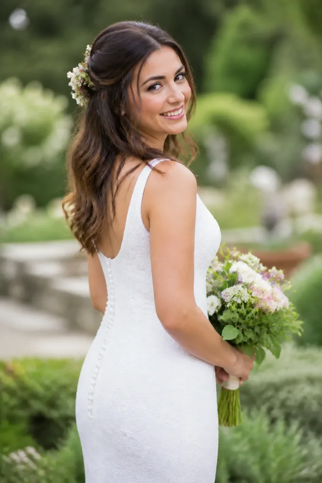 Candid professional photograph of a genuine real human model with lifelike skin and a natural expression. PG-rated, family-safe, modest editorial stock photograph. Any visible person is fully dressed in normal everyday clothing before anything else: shirt or top on, shoulders covered, chest covered, torso covered, waist covered, legs modestly covered, relaxed natural pose. Three-quarter view of a delicate half-up twist with floral pins, bride wearing a sheath gown, blurred garden in background, natural daylight, full face visible; no text, no words, no letters, no watermark, no logo. genuine real human model in a candid professional photograph, lifelike warm skin texture, real pores, natural human expression, realistic body proportions. single natural human body with believable ordinary posture, arms naturally attached to the shoulders, no extra arms, no extra hands, no floating hands, no disembodied limbs, no duplicate face, no cloned body parts, no warped fingers, no impossible pose. Every visible person is a grown woman, with women-only styling and feminine context throughout the frame. wholesome family-friendly safe-for-work image. If any human appears, use tasteful modest everyday clothing with upper body, shoulders, chest, torso, waist and legs covered, natural simple relatable styling, calm neutral mood, appropriate for a general audience. high quality photorealistic image, sharp focus, natural true-to-life colors, coherent realistic anatomy, exactly two arms per visible person, exactly two hands per visible person, five fingers on each visible hand, one unique natural face per visible person, balanced facial symmetry, one clear main subject, uncluttered background, only props that directly match the article topic and section