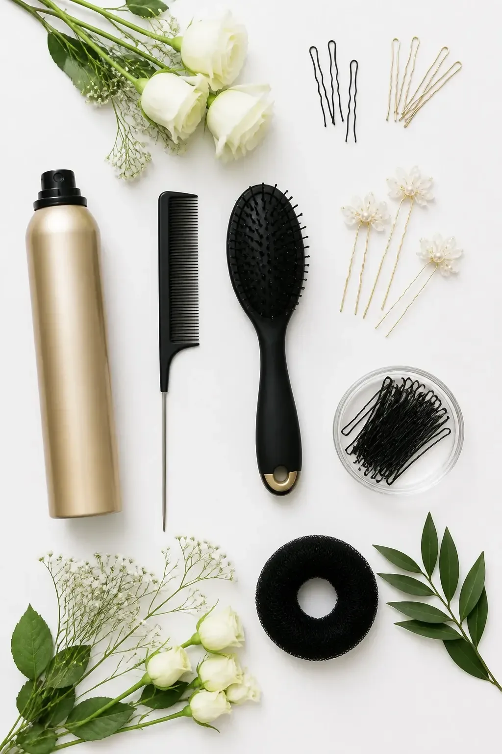PG-rated, family-safe, modest editorial stock photograph. Any visible person is fully dressed in normal everyday clothing before anything else: shirt or top on, shoulders covered, chest covered, torso covered, waist covered, legs modestly covered, relaxed natural pose. Top-down flat-lay of a styling kit arranged for a half-up hairstyle: combs, pins, texturizing spray, flowers, white backdrop, no people; no text, no words, no letters, no watermark, no logo. full subject clearly in frame, natural composition, realistic scale. wholesome family-friendly safe-for-work image. If any human appears, use tasteful modest everyday clothing with upper body, shoulders, chest, torso, waist and legs covered, natural simple relatable styling, calm neutral mood, appropriate for a general audience. high quality photorealistic image, sharp focus, natural true-to-life colors, coherent realistic anatomy, exactly two arms per visible person, exactly two hands per visible person, five fingers on each visible hand, one unique natural face per visible person, balanced facial symmetry, one clear main subject, uncluttered background, only props that directly match the article topic and section